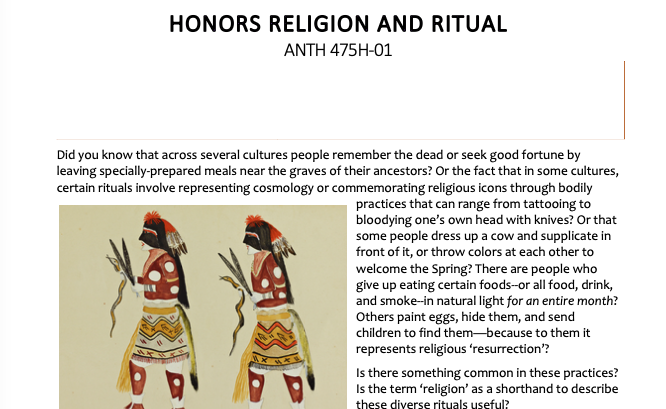A screenshot of a page from the 'Religion and Ritual' syllabus showing two Indigenous figures in traditional attire and face paint, standing side by side in a religious or ceremonial context.
