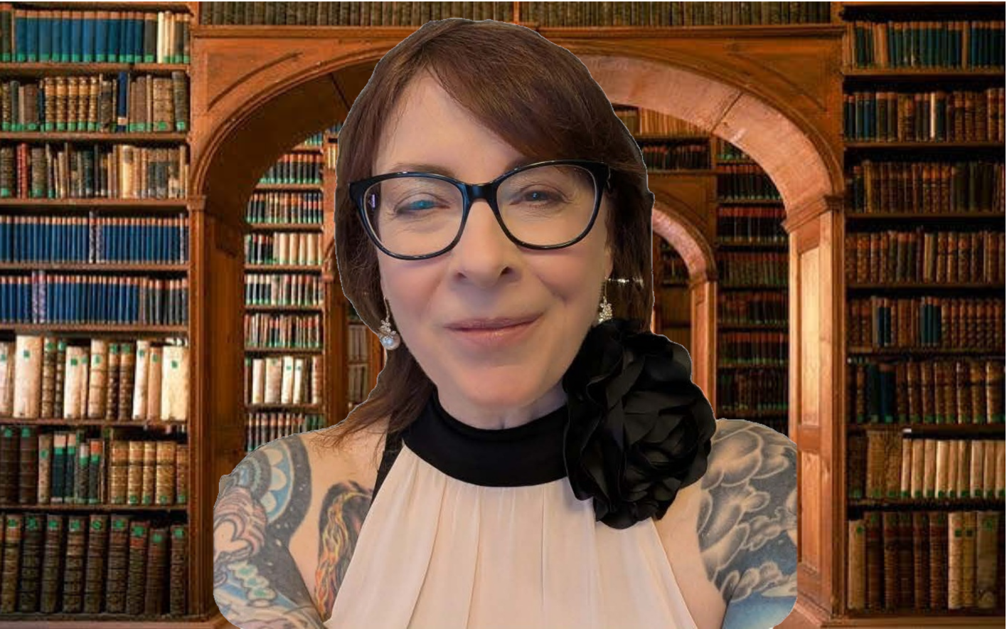 A woman with glasses and earrings smiling, superimposed in front of a large wooden library with bookshelves.