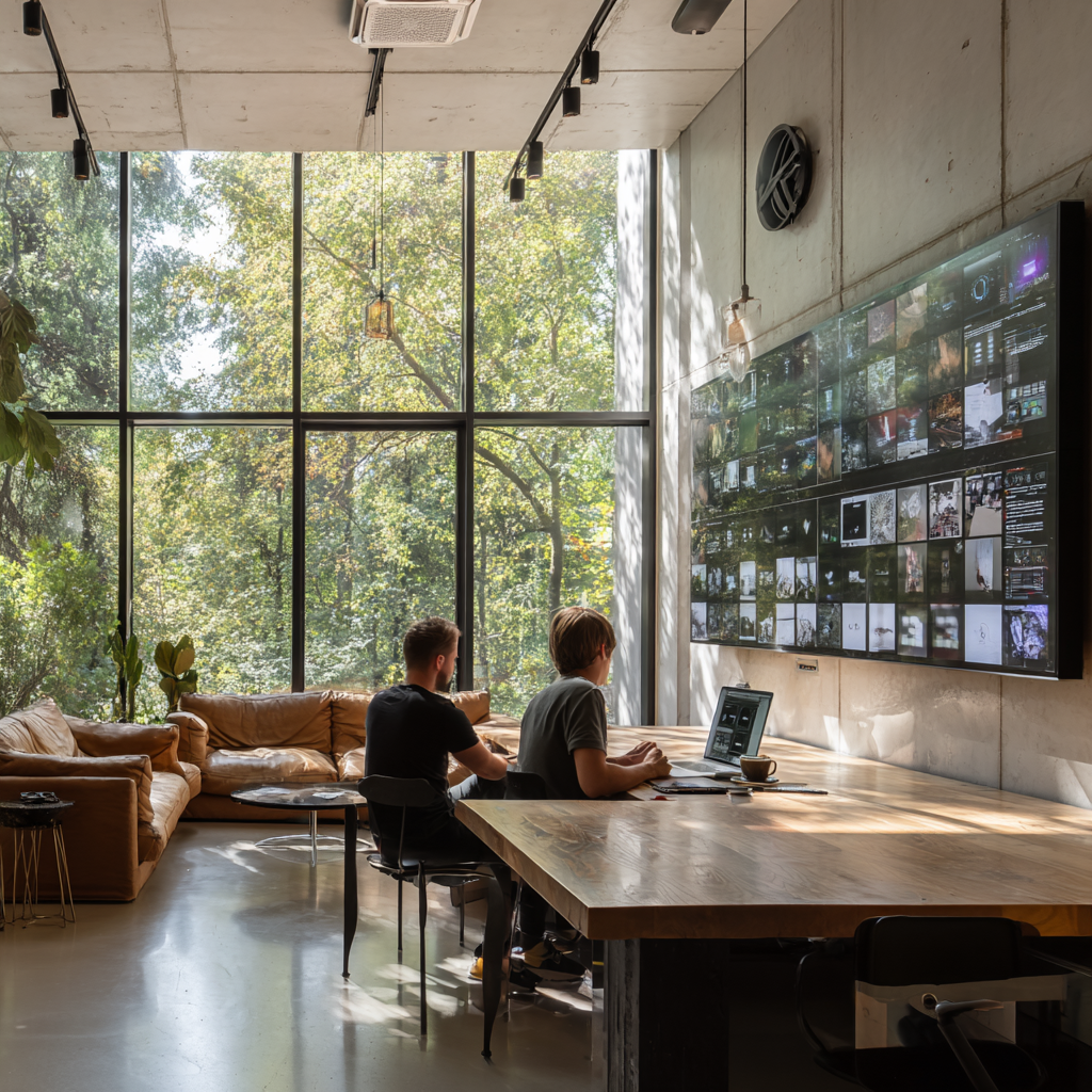 Two people working on laptops in a modern office with large windows, natural light, wooden table, leather sofa, and a large screen displaying a grid of images or videos.