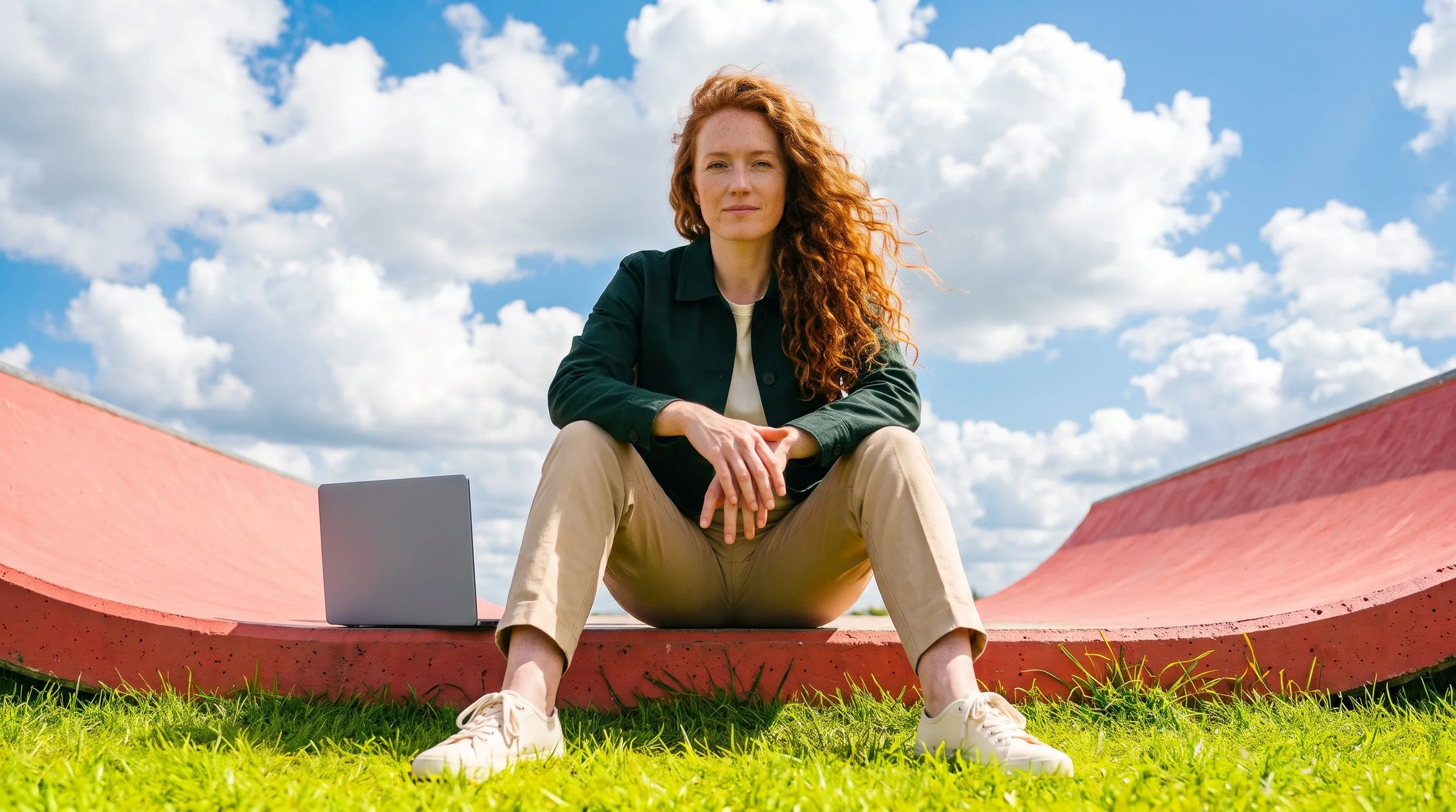 Een vrouw met rood haar zit op een roze skatebaan onder een blauwe hemel met wolken, naast een open laptop.
