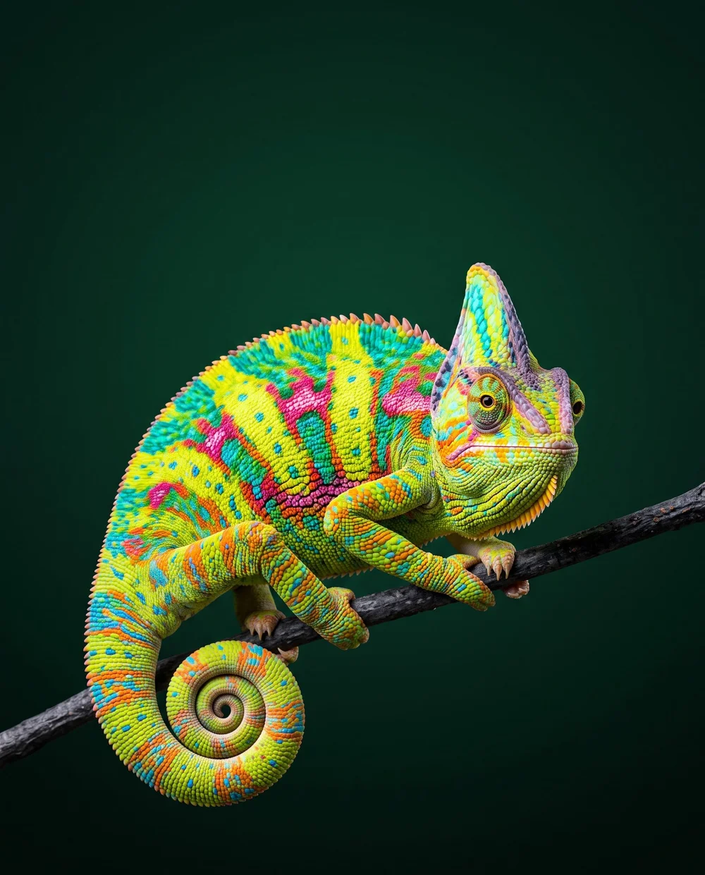 Een kameleon in felle kleuren op een donker bosgroene achtergrond