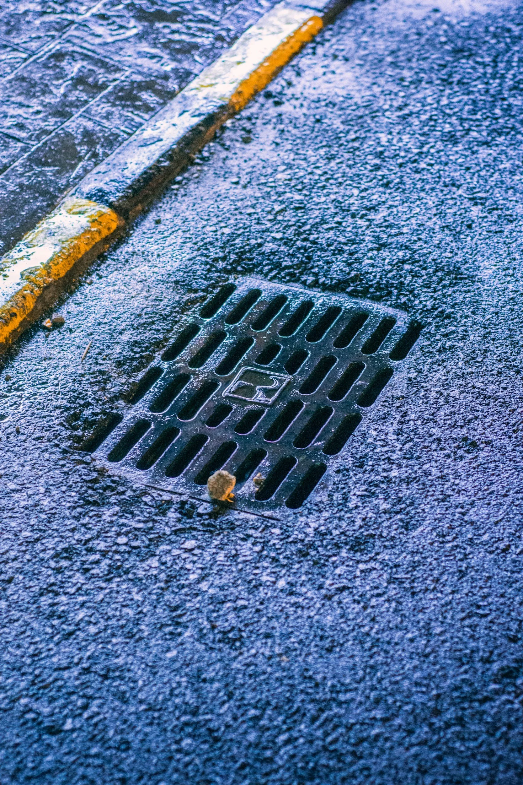 A street drain cover surrounded by a wet, icy surface with a storm drain grate next to a painted yellow curb.