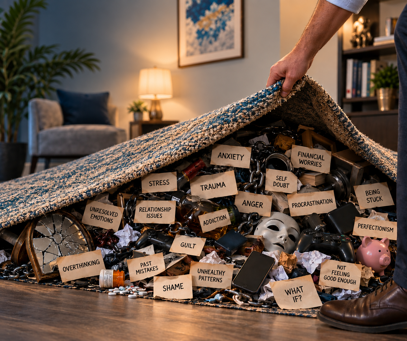 A person lifting a rug revealing a heap of clutter with labels such as 'Stress,' 'Anxiety,' 'Trauma,' 'Anger,' 'Guilt,' and 'Unhealthy Patterns.'