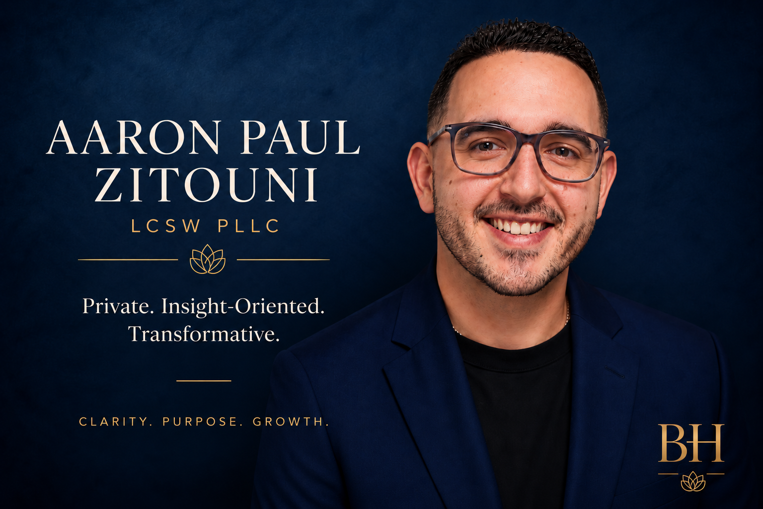 Professional headshot of Aaron Paul Zitouni, smiling, wearing glasses, dark blue blazer, against a dark blue background. Text overlays include his name, credentials, and a mission statement for his brand or practice.