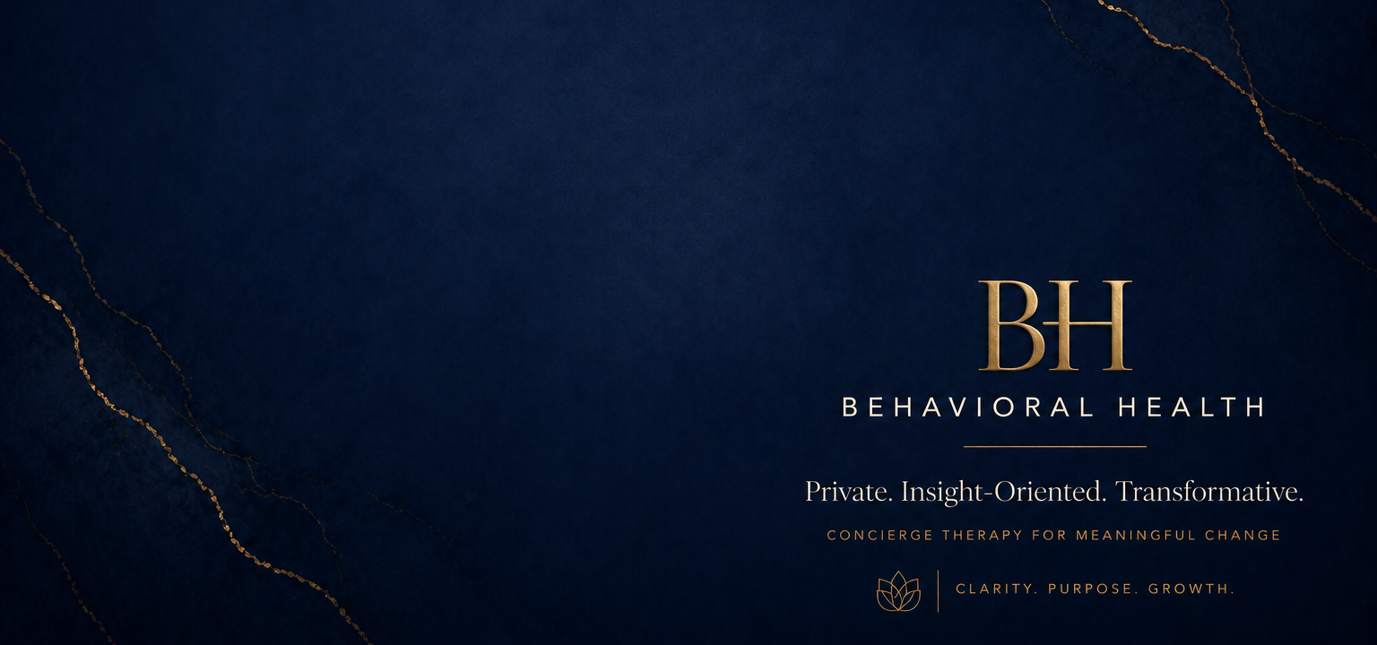 A dark blue background with gold accents and text promoting Behavioral Health services, highlighting privacy, insight, transformation, and growth.