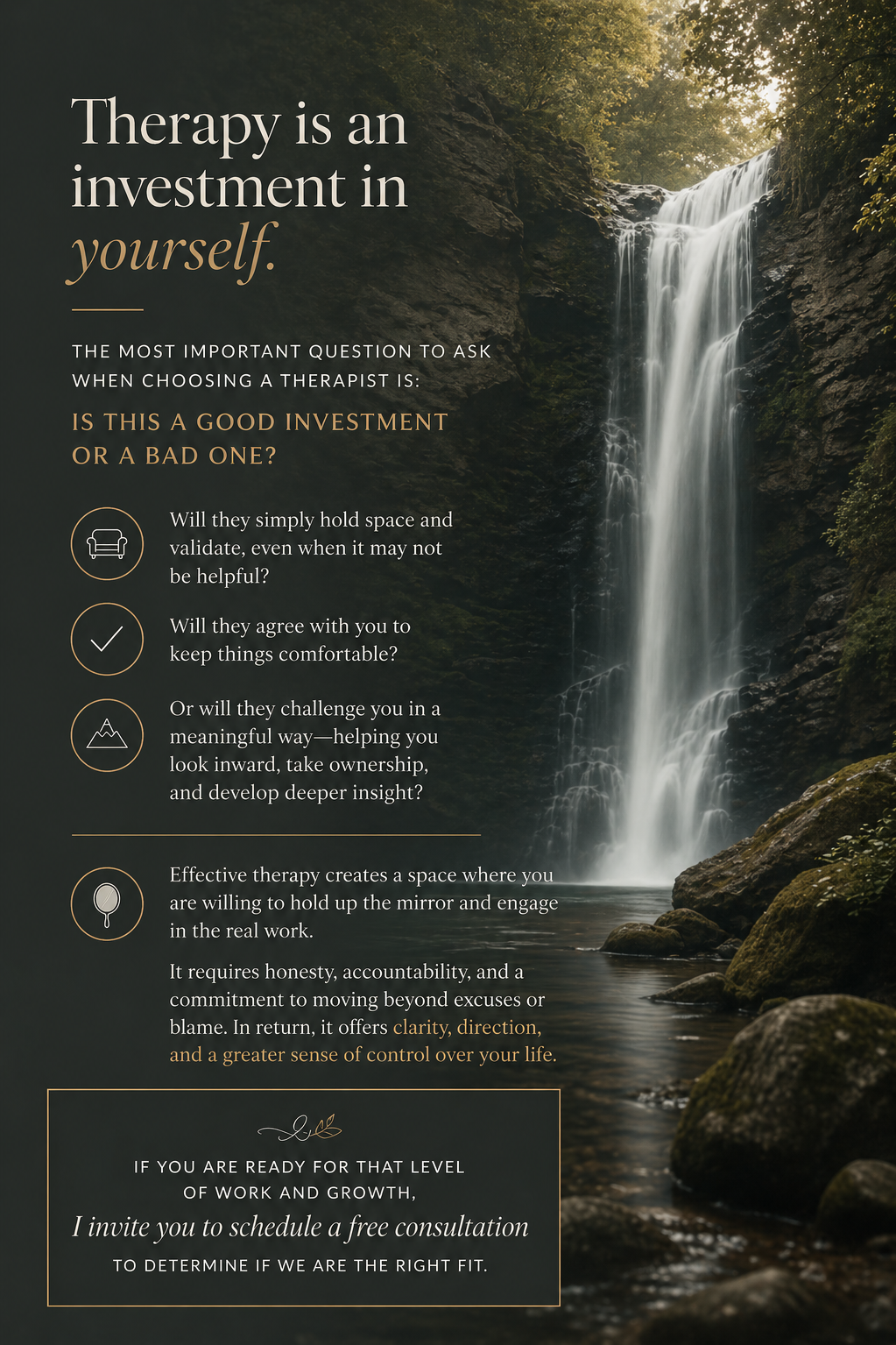Motivational quote about therapy and self-growth. A waterfall in a natural setting as the background.