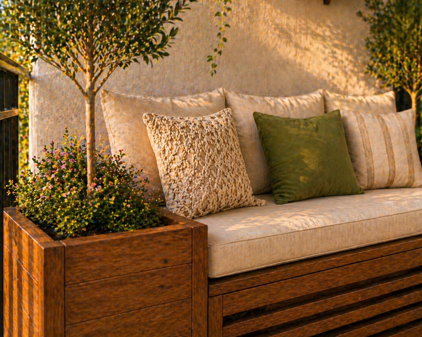 An outdoor wooden sofa with beige and green cushions, surrounded by potted plants and small trees, in warm sunlight.