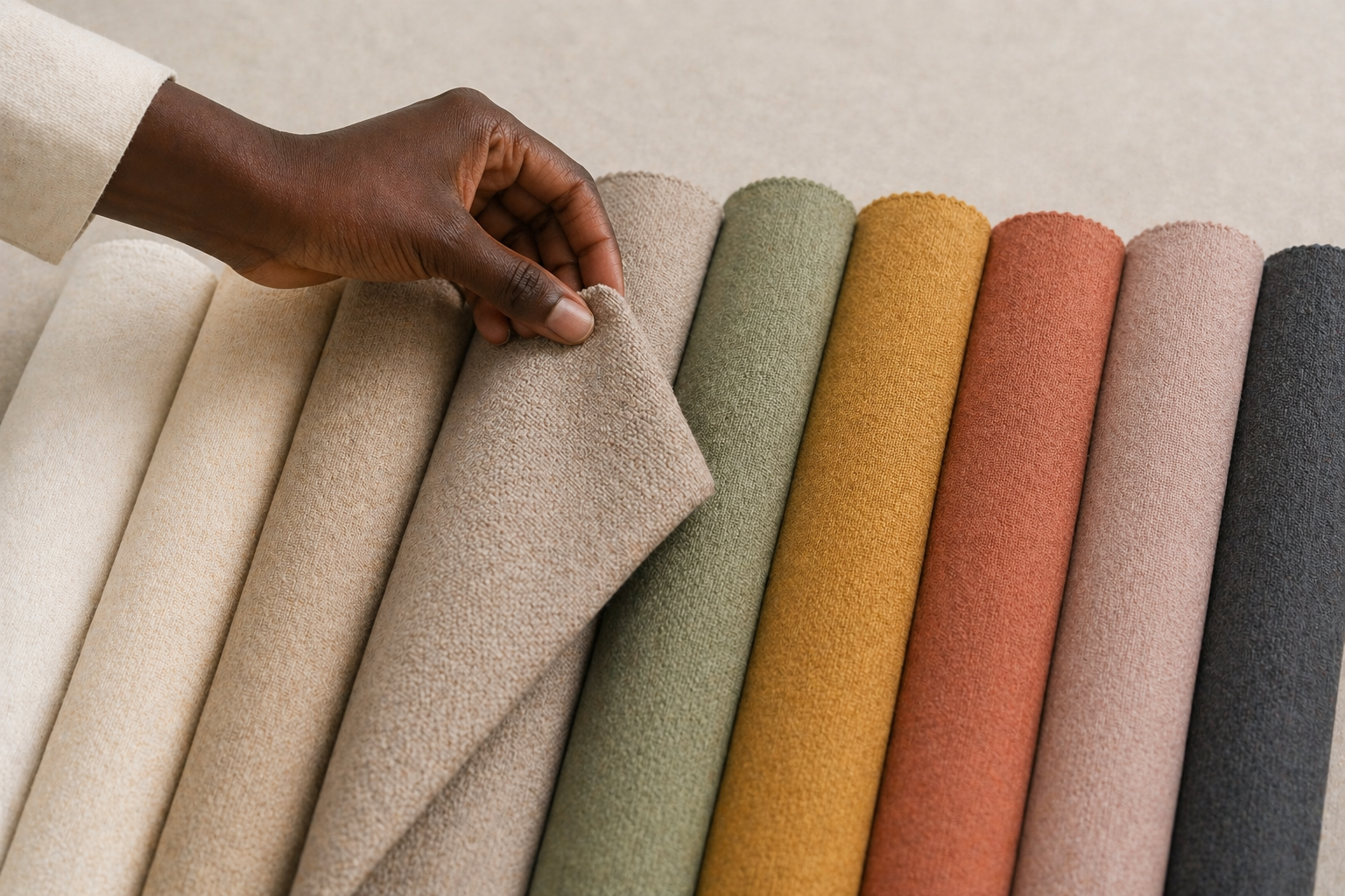 A hand holding a rolled piece of fabric from a selection of various colored upholstery fabrics laid out on a flat surface.