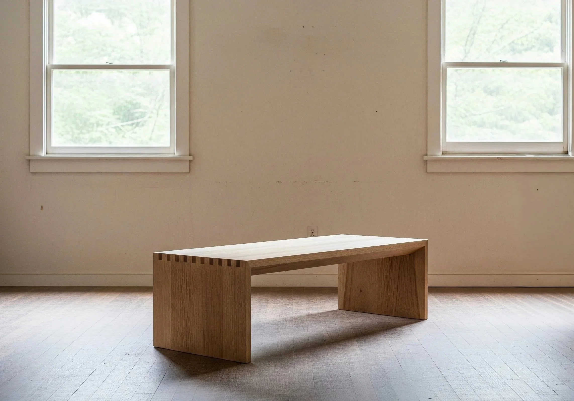 A minimalist interior room with two adjacent windows, light beige walls, wooden flooring, and a modern wooden bench.
