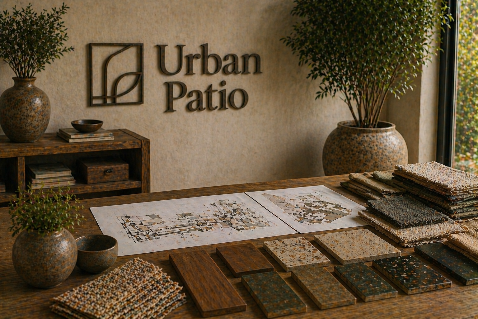 Interior of a design studio with a wooden table displaying fabric samples, decorative bowls, and potted plants. A sign reads 'Urban Patio' on the wall.
