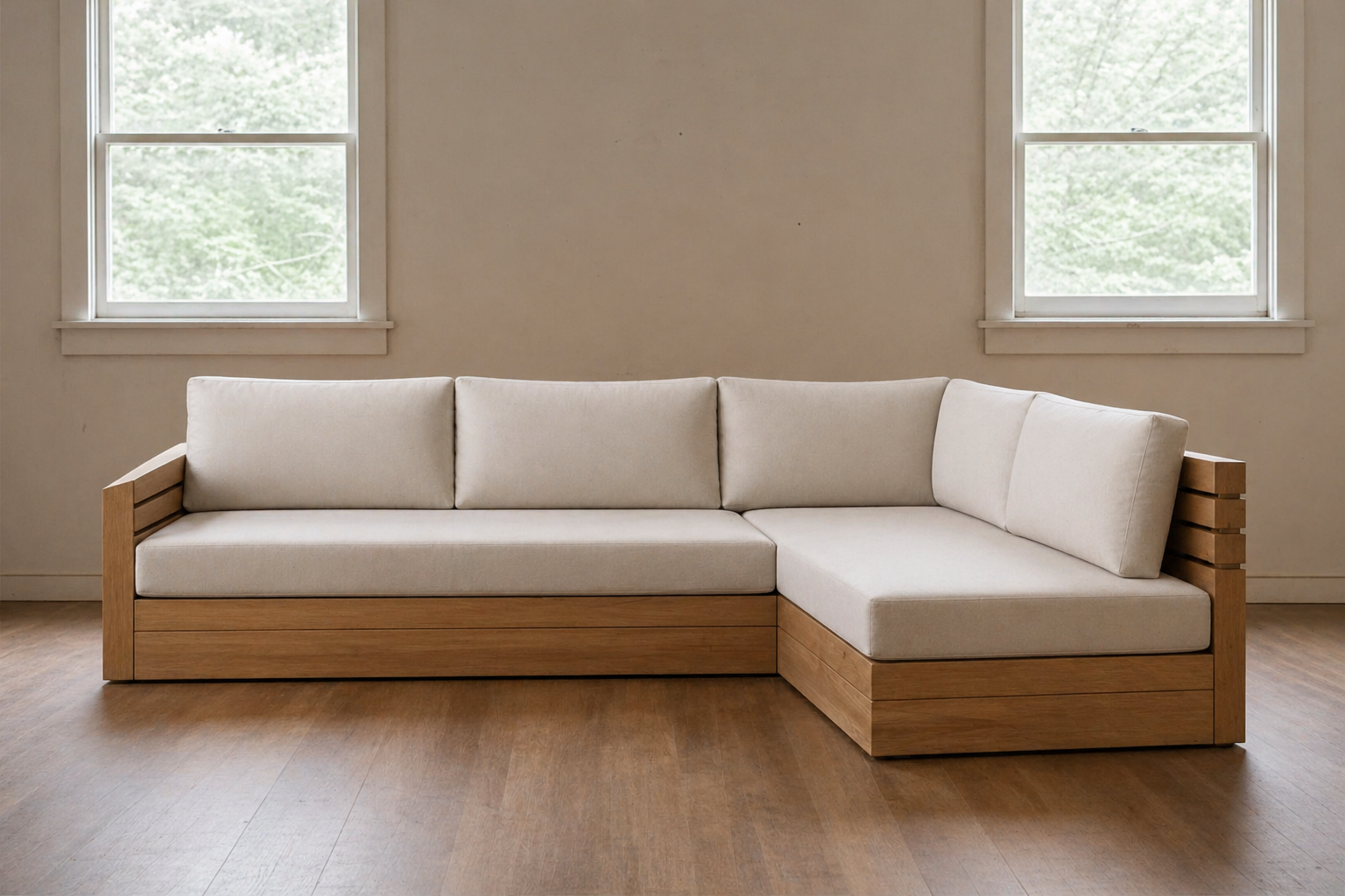 A beige sofa with wooden armrests and base, located in a room with wooden flooring and two windows with white frames letting in natural light.