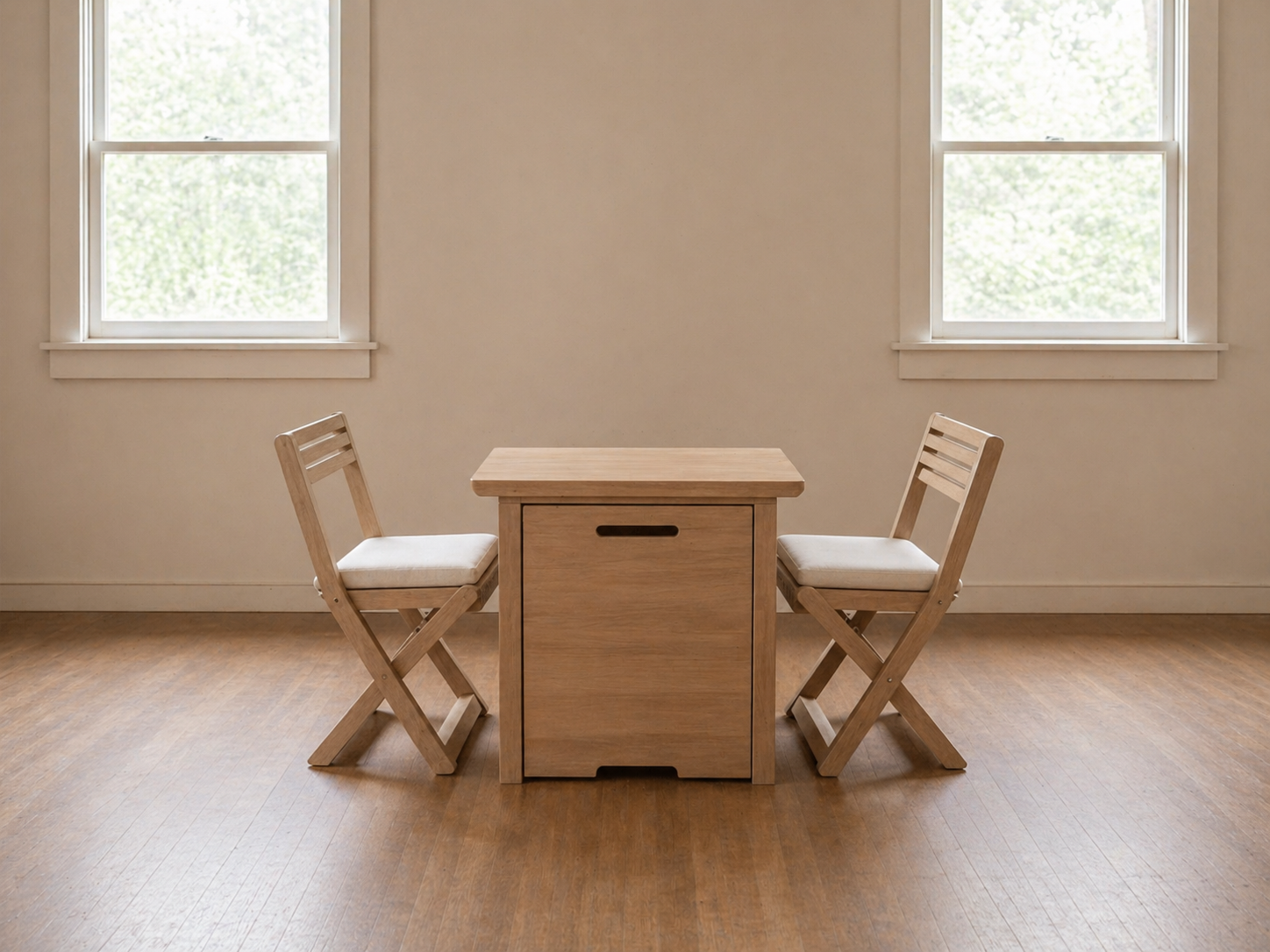 A small wooden table with two matching wooden chairs, placed in a room with light-colored walls and two windows showing green foliage outside.