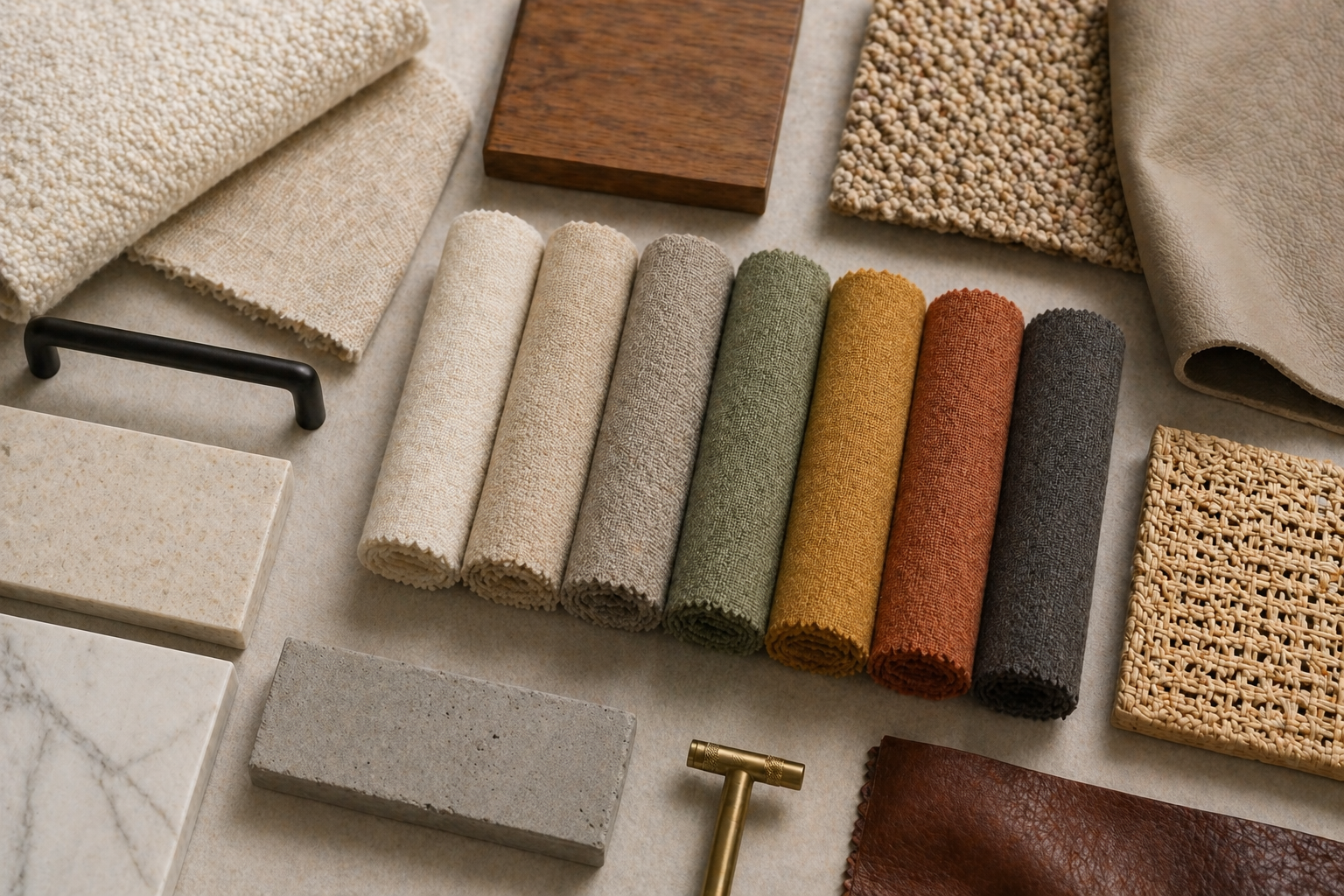 A selection of fabric swatches, tiles, wood sample, and a brass tool on a neutral background, showcasing interior design materials.
