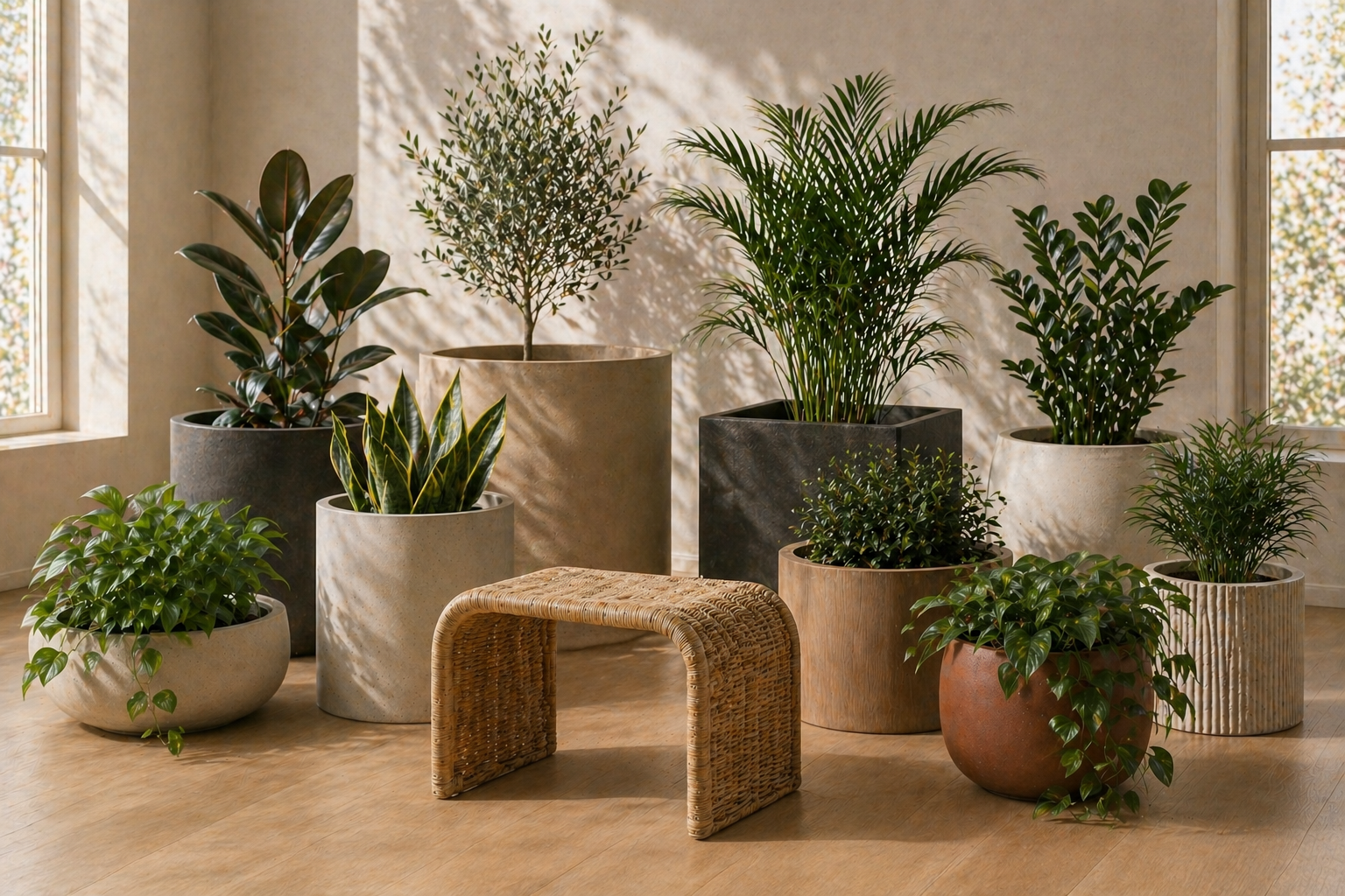 Several potted indoor plants placed on the wooden floor near windows with sunlight casting shadows on the wall.