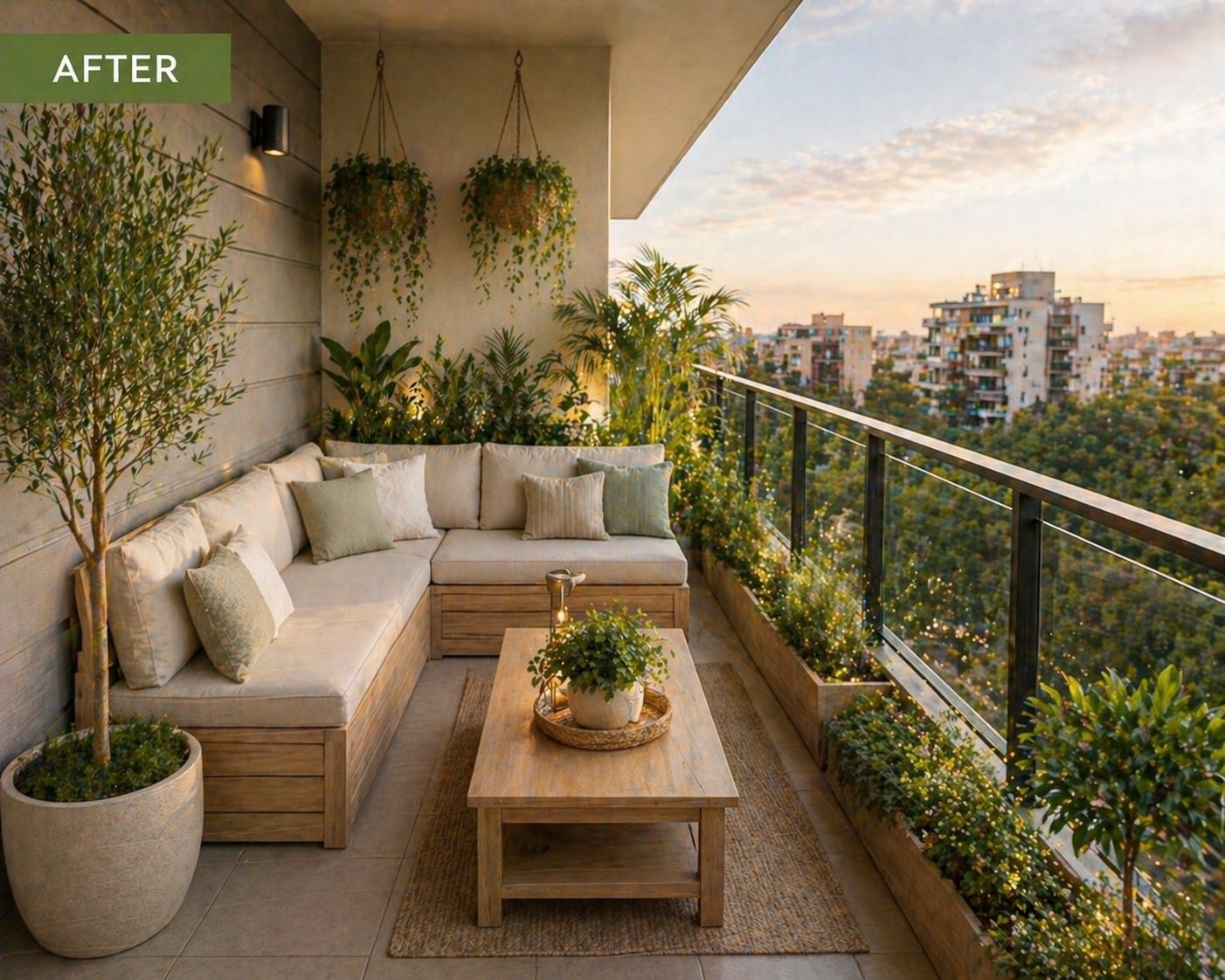 A cozy balcony with a beige sectional sofa with multiple cushions, potted plants, hanging planters, string lights, and a view of city buildings at sunset.
