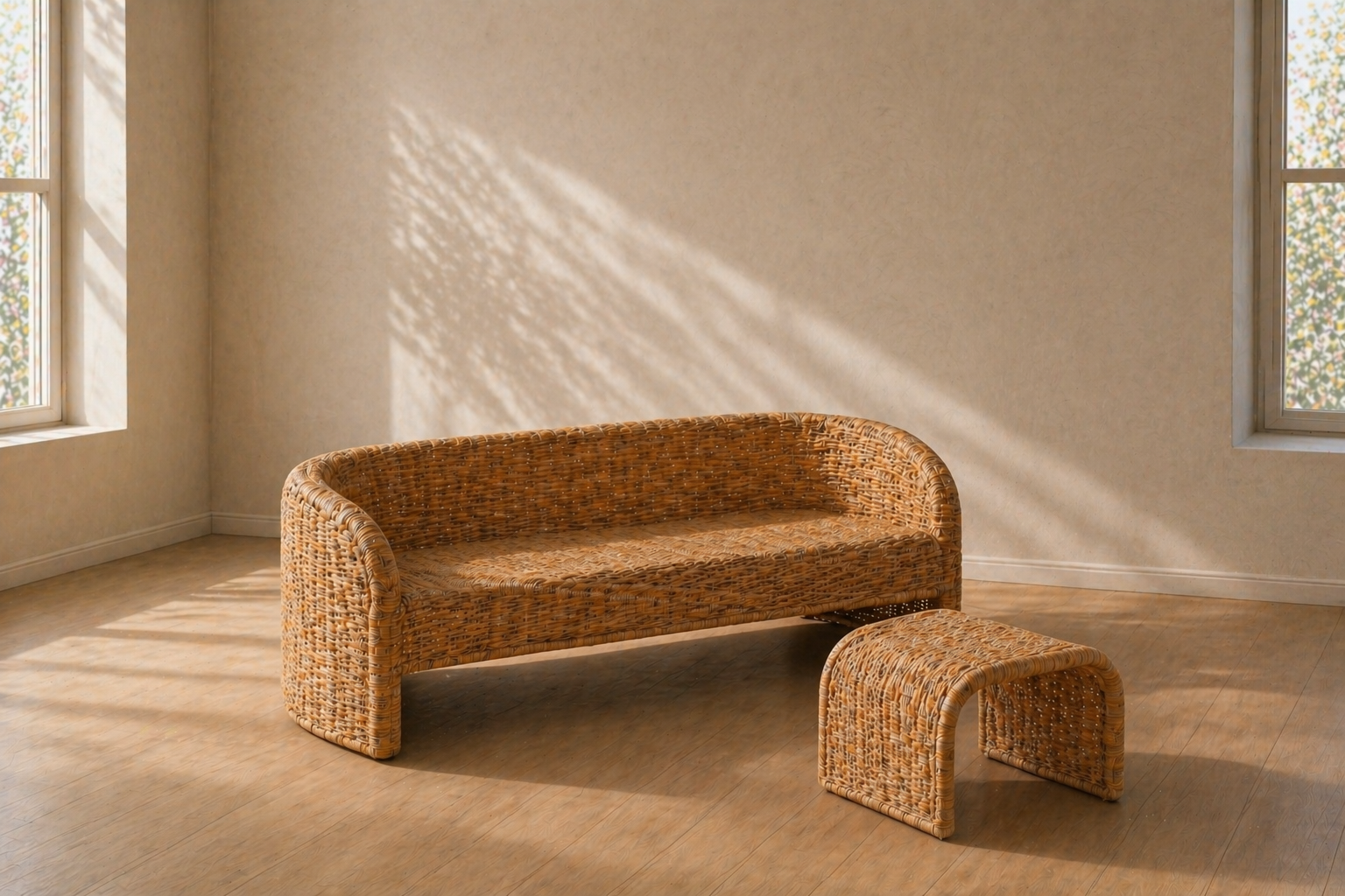 A wicker sofa and matching stool in a sunlit room with cream walls and wooden floors.