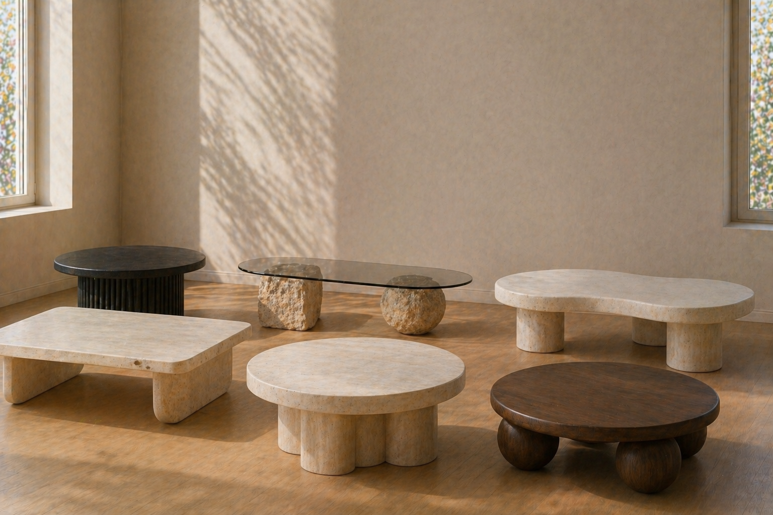 A minimalistic interior with five uniquely designed coffee tables made of stone and glass, and two abstract windows casting natural light.