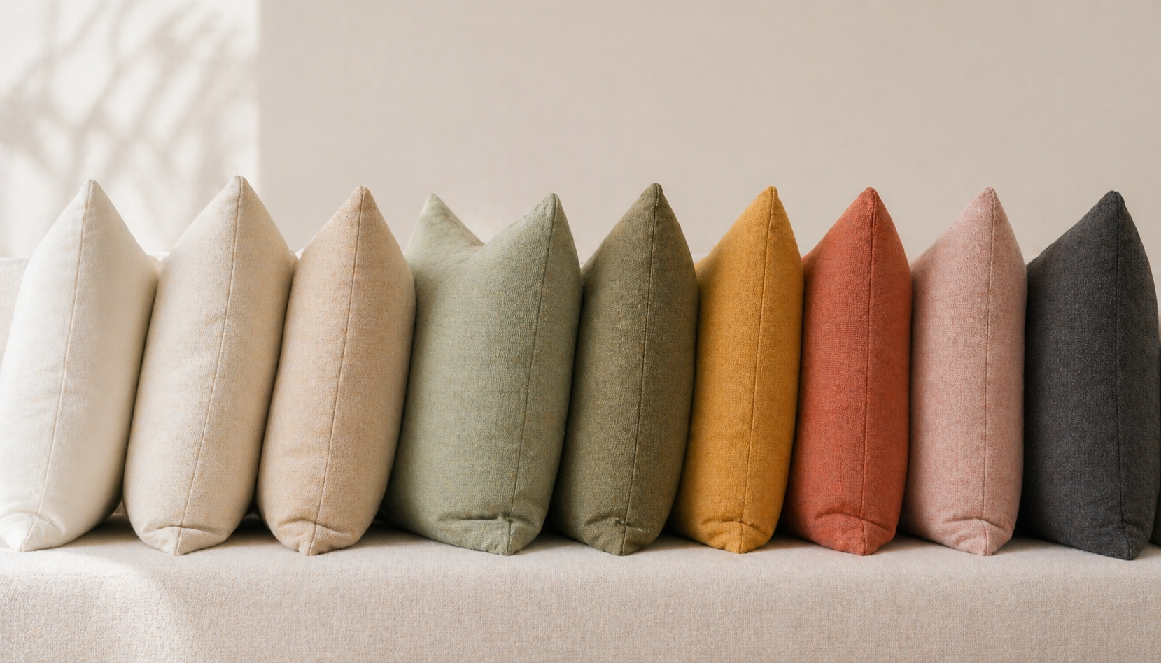 A row of nine decorative throw pillows in neutral and muted earth tones, arranged on a light-colored sofa.
