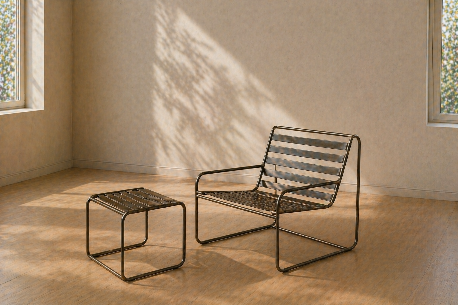 A metal chair and matching small table in a sparsely furnished room with sunlight casting shadows through windows.