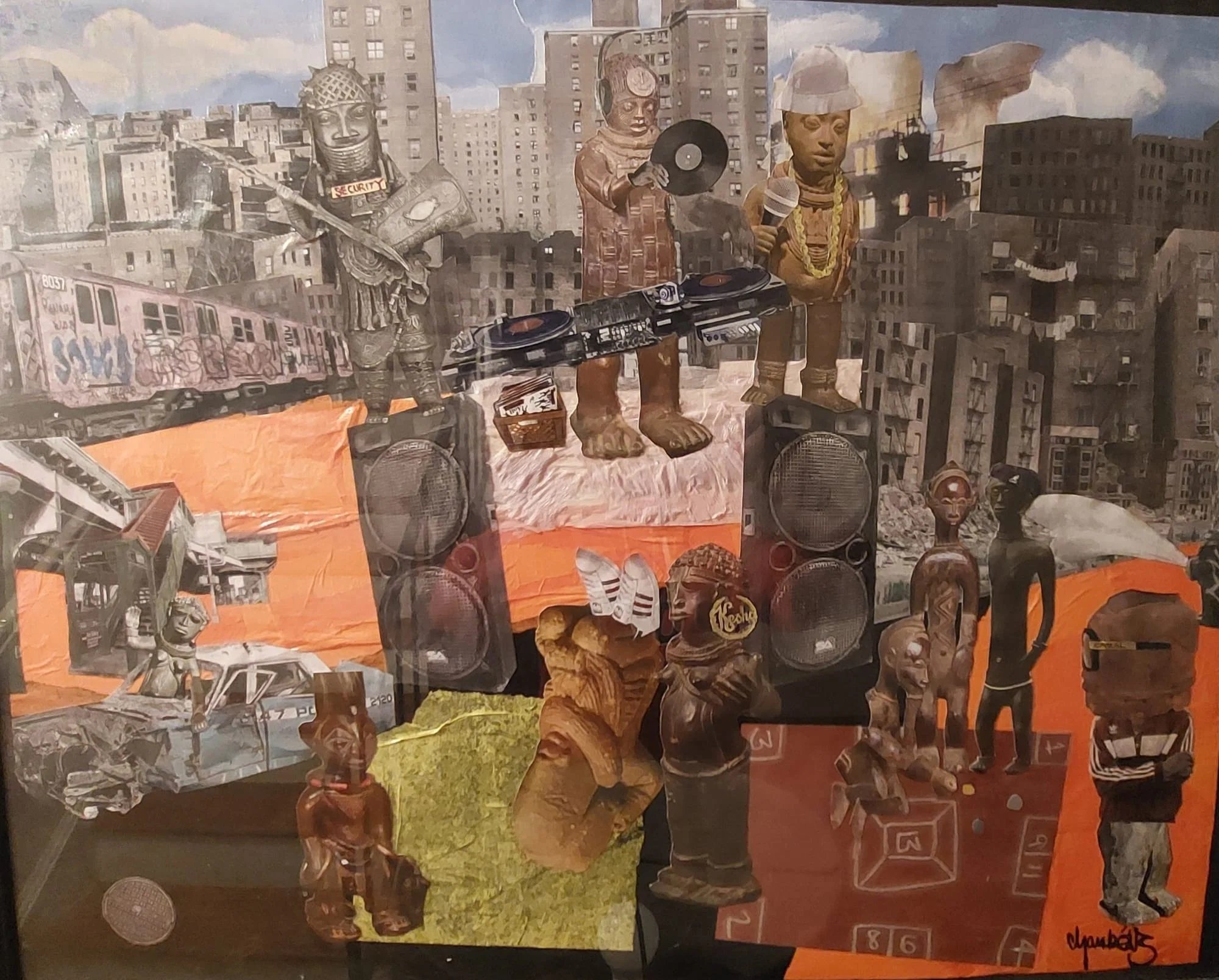 A Word From Our Sponsor (original)
Mixed media on canvas.

During a time when Bronx slumlords torched their own tenements for profit the residents found a way to overlook the fact that the Boogie Down resembled a third world nation once the djs in th