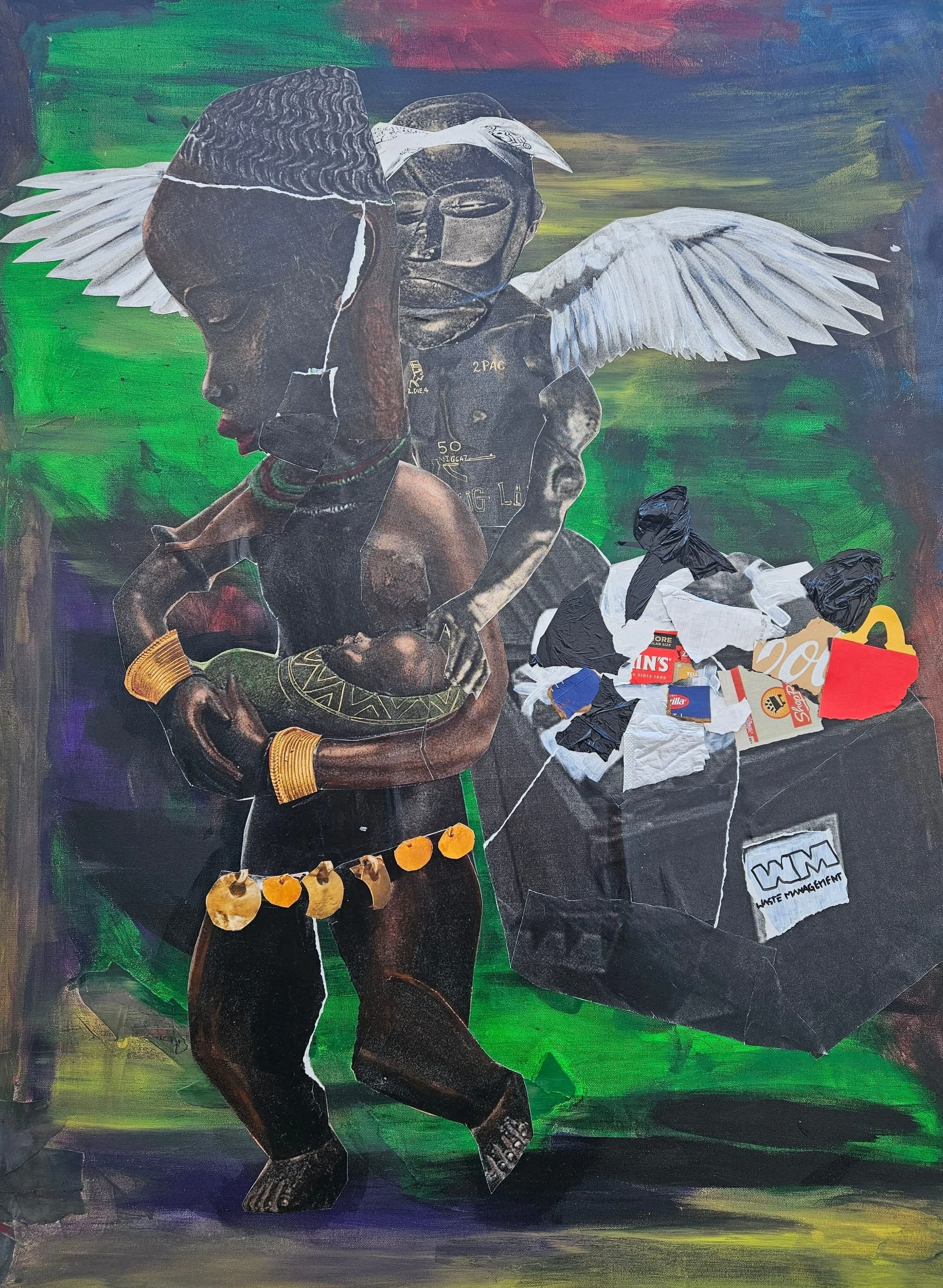 Brenda's Guardian Angel
Mixed media and acrylics on canvas 36 x 48. 

The concept from Tupac's classic song Brenda's Got a Baby was the epidemic of underaged pregnancy, and lack of support from family, government and society. I wanted to capture the 
