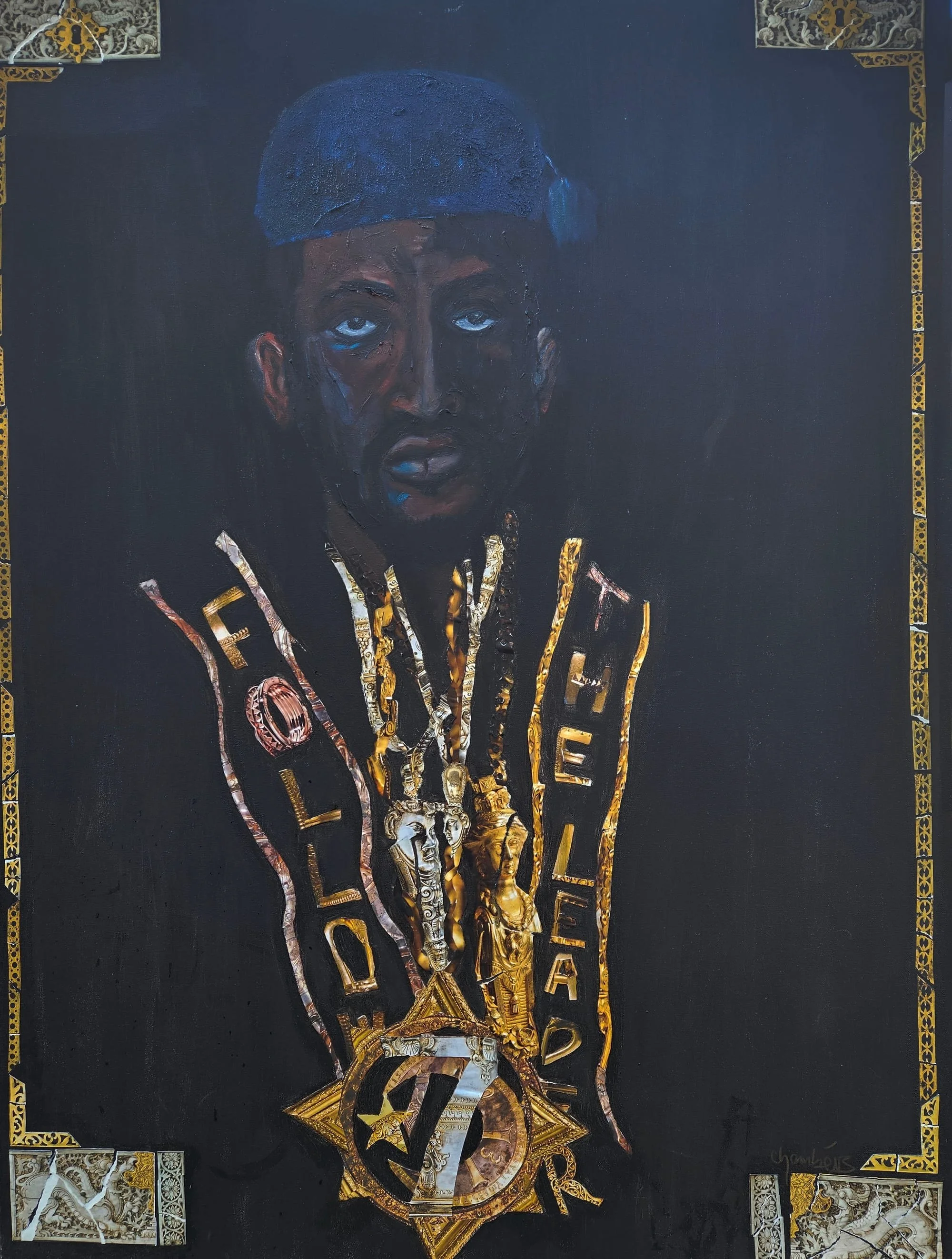 The God Emcee.
Mixed media on canvas 36 x 48.

Summer of '86 I was chillin' in front of James Monroe H.S, head bopping  to the songs this dude was blasting in his boombox. Then I heard that whistle for the 1st time, the whistle that I'd whistle damn 