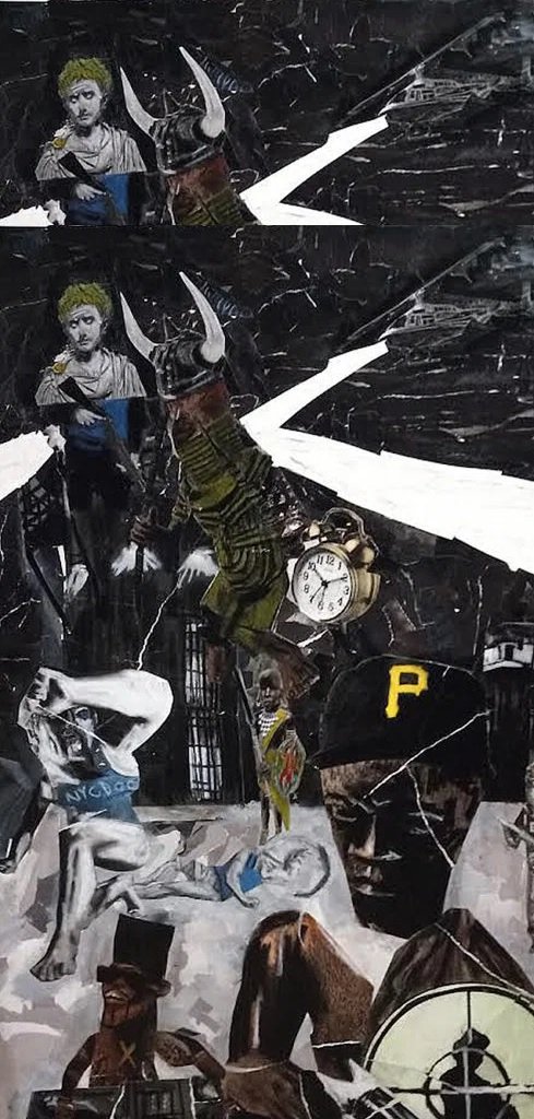 Black Steel in the Hour of Chaos.
Mixed media on canvas 48 x 60.

Black Steel... was titled after a track on Public Enemy’s “It Takes a Nation of Millions to Hold Us Back,” which is about a conscientious objector who escapes from prison. Public Enemy