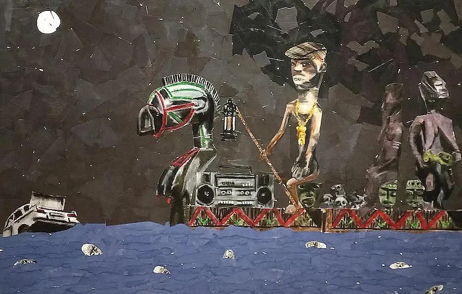 Charon Traveling Down The Bronx River Styx.
Mixed media on canvas 36 x 48. 

Trust the creator to speak best about their formation. Here is Eric on his painting: “In Greek mythology, Charon was the Ferryman who transported the souls of the dead acros