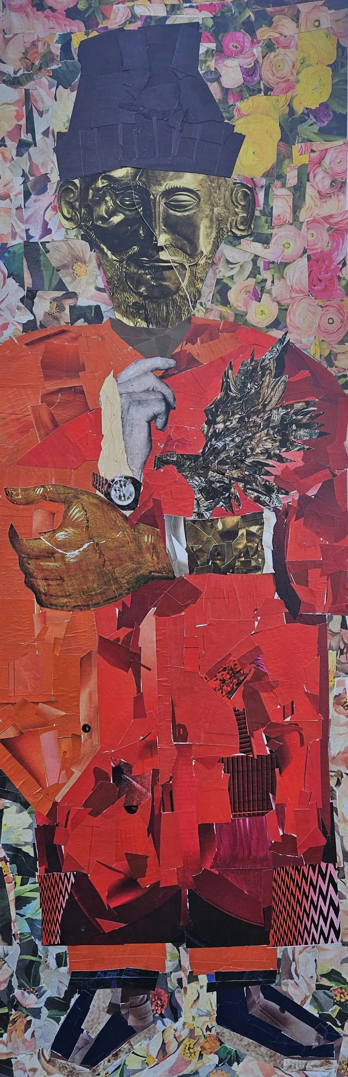 Wallabees and Wildflowers.
Mixed media on canvas 24 x 48.

I have a notebook with a long list of rappers I want to commemorate. Ghostface was somewhere in he middle of the pile, but when I first saw the golden face I used for him in a book I thought 
