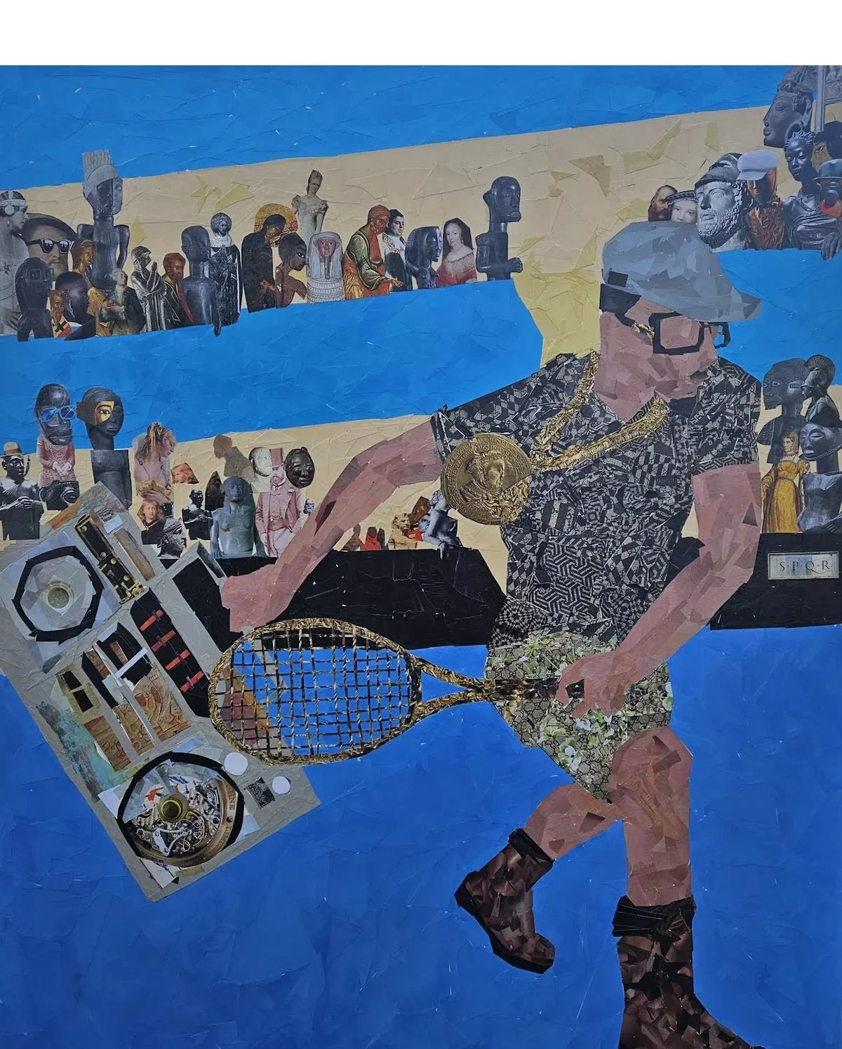 Self Portrait at the Bronx Open.
Mixed media on canvas 48 x 60.

You don't have to know me personally to realize i'm obessed with Golden Era hip hop. I'm also obessed with comicbooks, New York Knicks, and tennis.  I was THISCLOSE to making a collage 