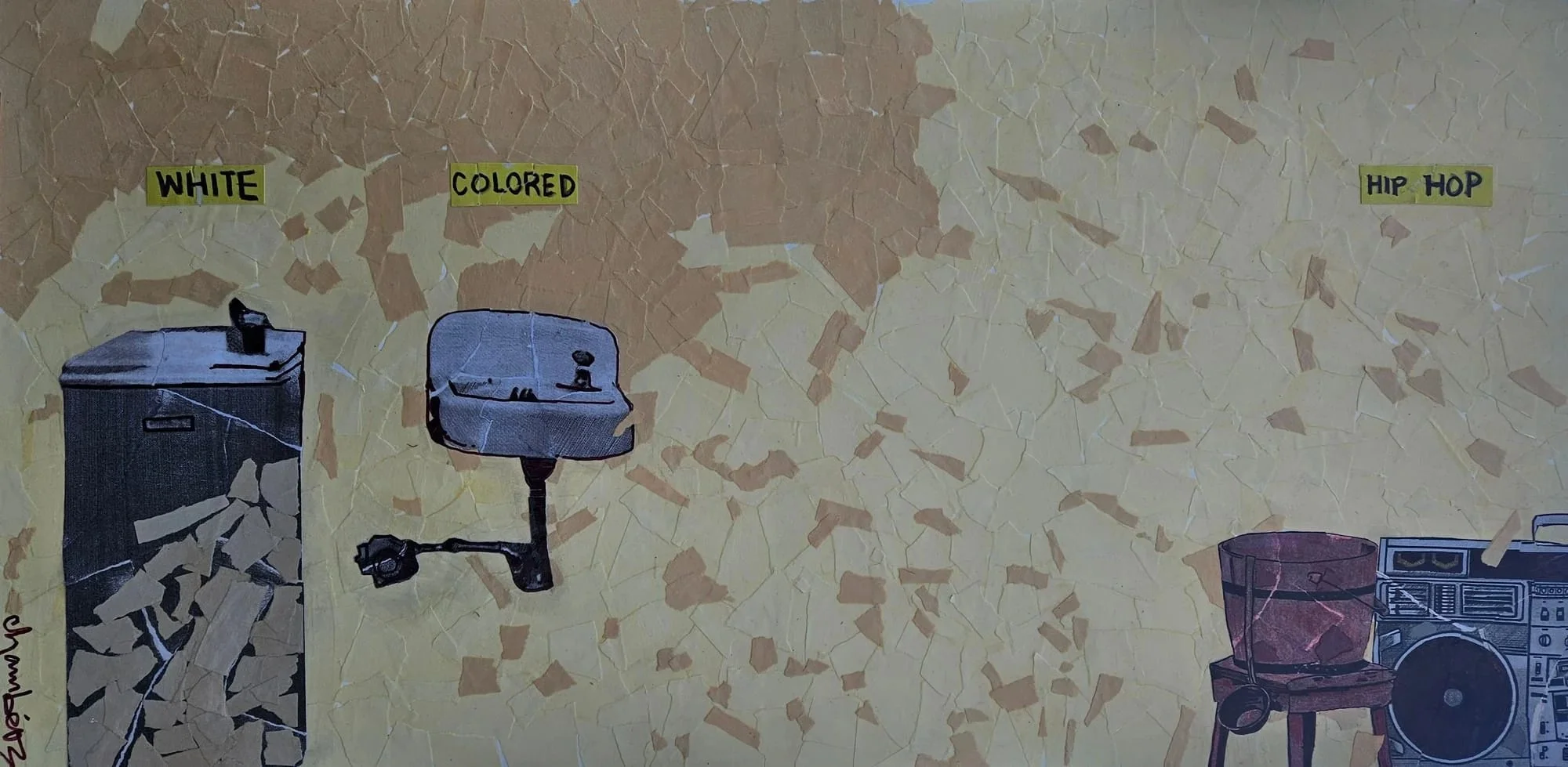 The New Danger
Mixed media on canvas 34 x 48. 

The "Whites" fountain were clean, and delivered cool drinking water. The "Colored" fountain wasn't so clean. This symbolized racial divide until the civil rights movement successfully put an end to that