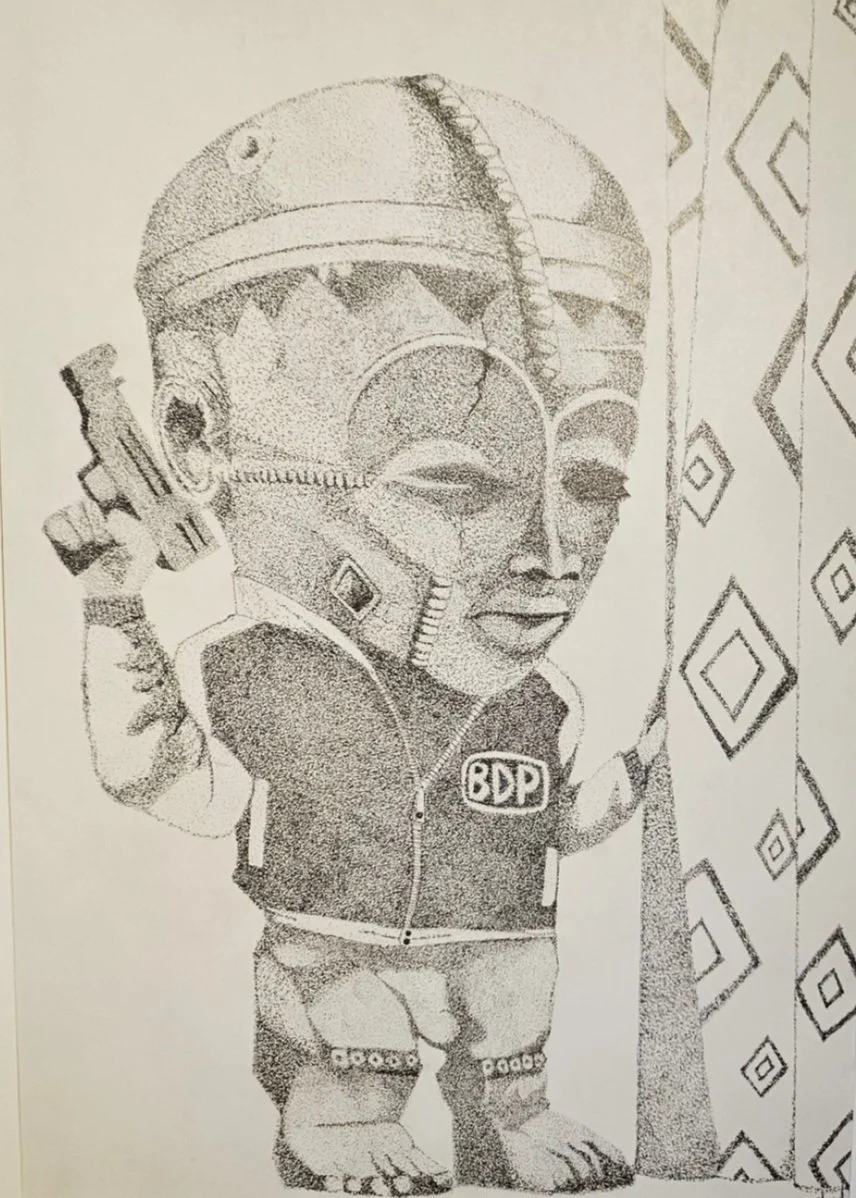 By Any Mean Necessary. 18  x 24 Mixed Media. 
I have a love/hate mentality when it comes  to pointillism art. I love looking at it, and I respect the patience an artist  must have to create one, no matter how large or small the scale is. The hate com