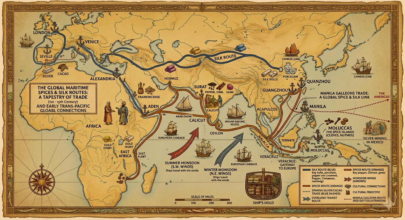 Map of global maritime spices and silk routes from the 7th to 9th century, showing trade routes across Europe, Asia, and Africa, with symbols for key trading goods like silk, spices, porcelain, and ceramics, and illustrations of ships and trade items.