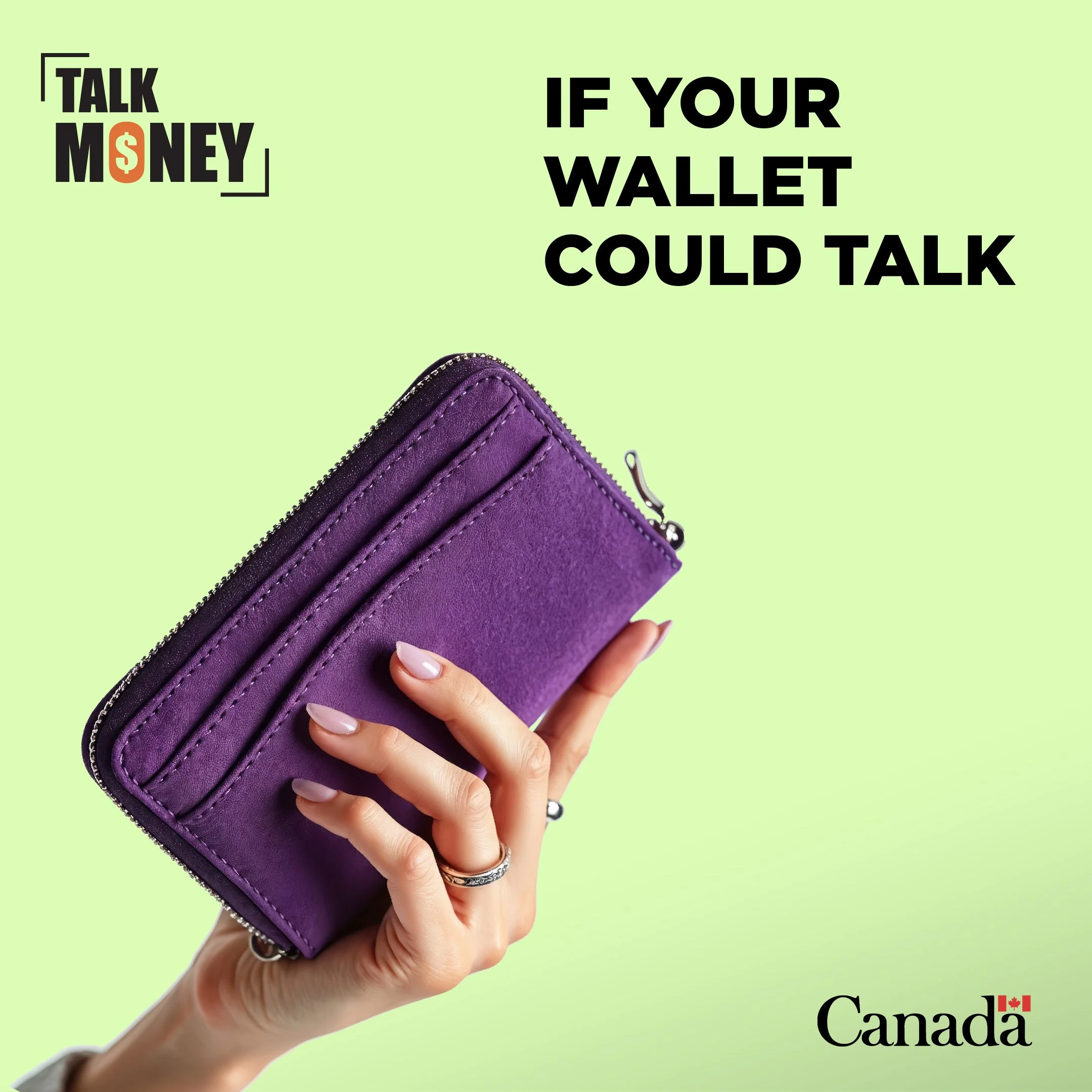 Official Financial Literacy Month 2026 Talk Money campaign graphic from the Financial Consumer Agency of Canada. A hand holds a purple wallet beside the text IF YOUR WALLET COULD TALK.
