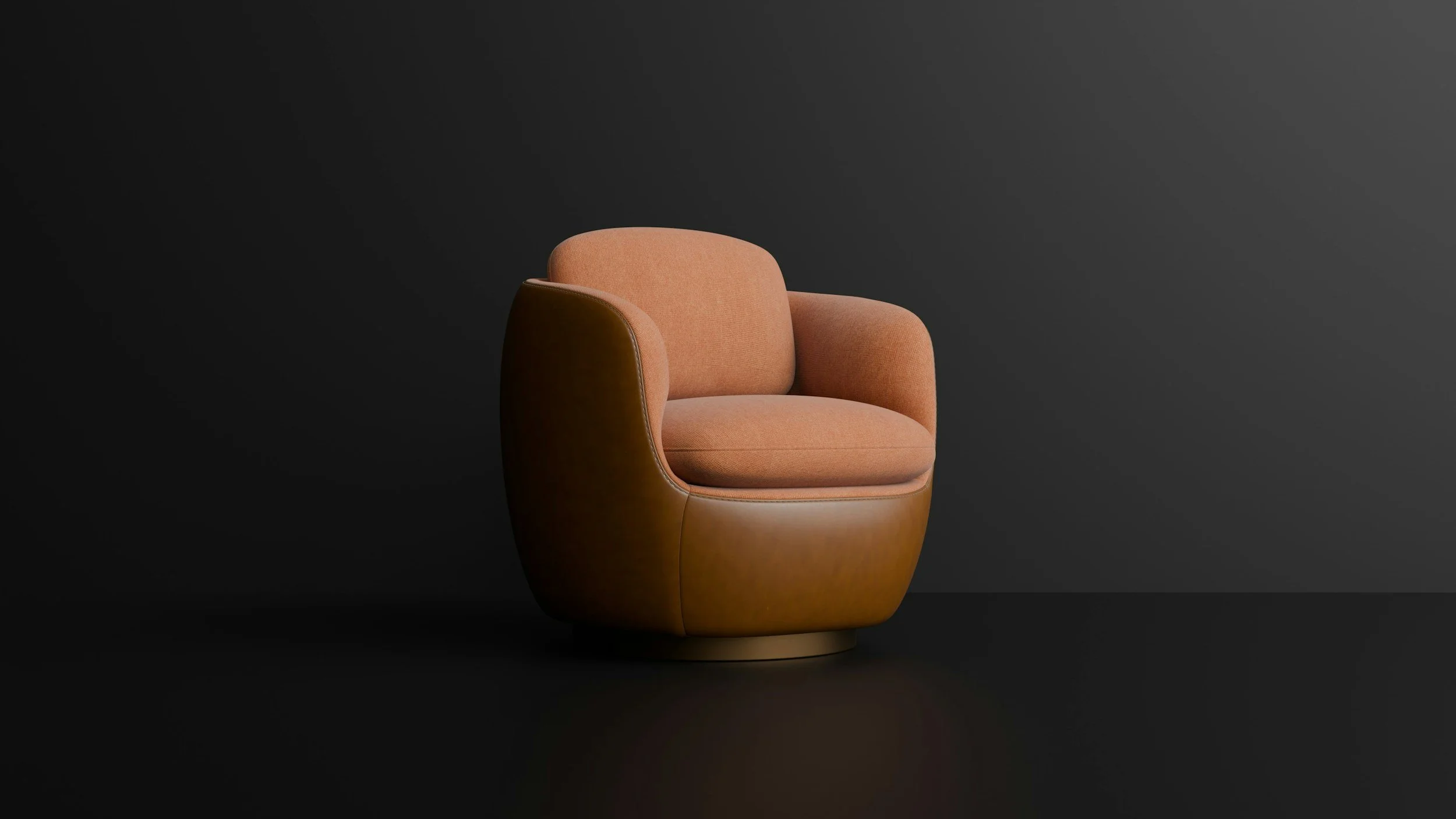 A modern upholstered armchair with a rounded design, featuring a pinkish fabric seat and backrest, and a smooth brown leather exterior across the sides and base, set against a dark gradient background.