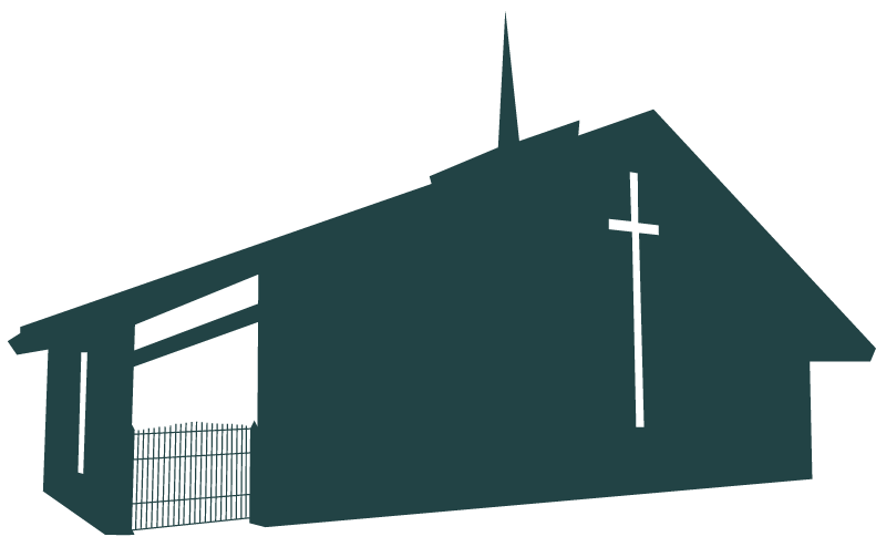 Black silhouette of a church building with a tall steeple and cross on the front, and a gate on the side.