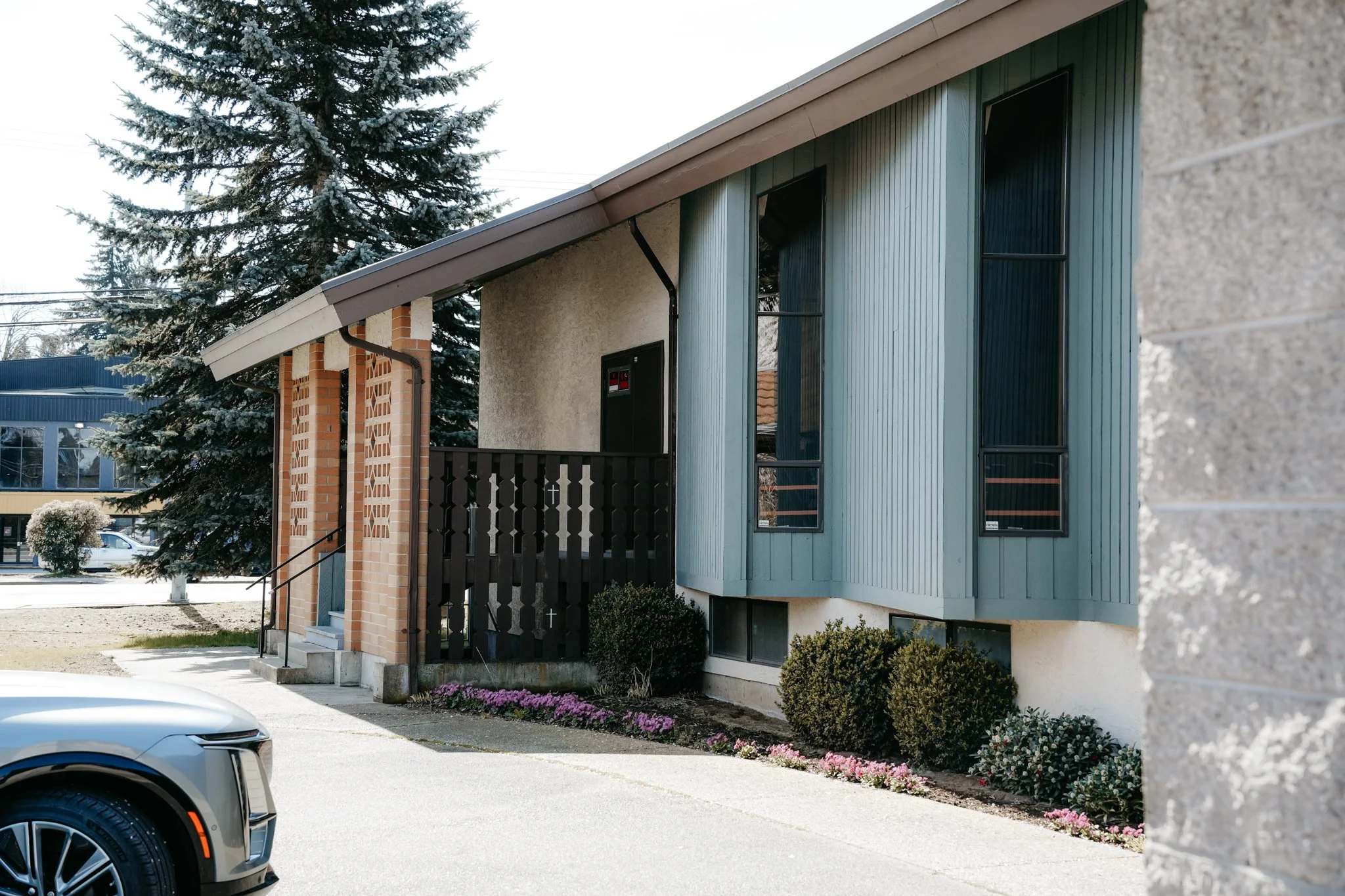 A modern residential building with blue vertical siding, large windows, a small front porch, and landscaped bushes and flowers in front. A large evergreen tree is visible behind the house, and part of a car is seen in the foreground.