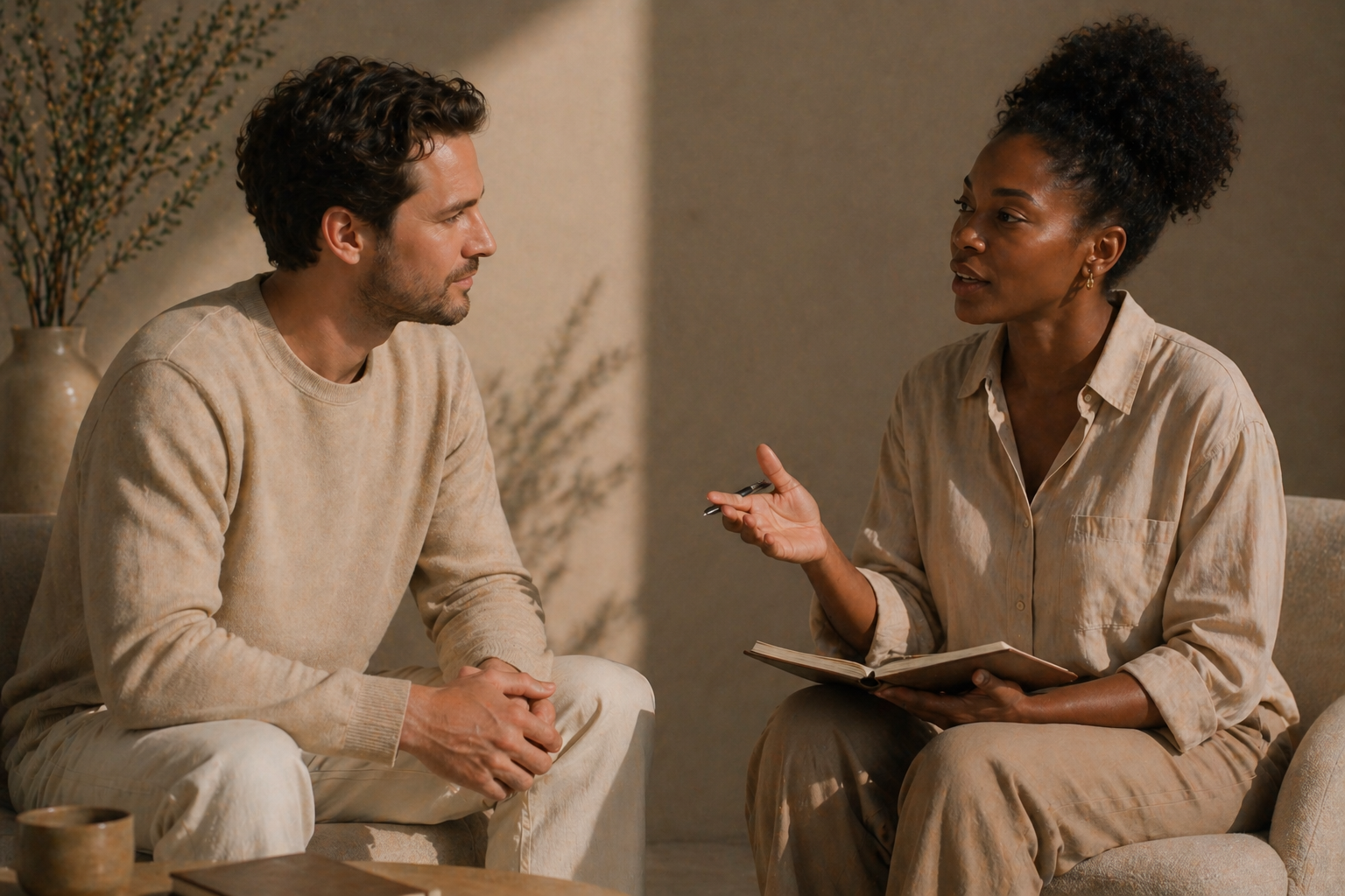 A man and woman having a serious conversation while sitting on a beige sofa in a cozy room.