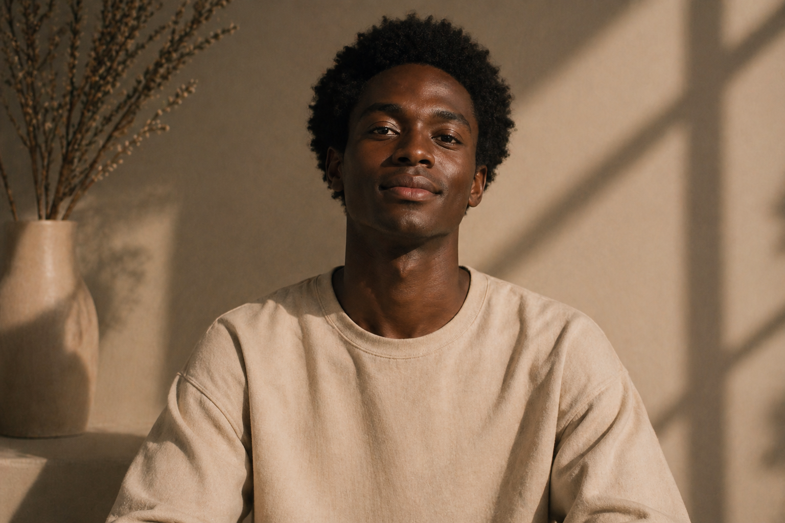 A young Black man with curly hair sitting indoors next to a beige vase with dried branches, wearing a cream-colored sweatshirt, looking at the camera with a neutral expression.