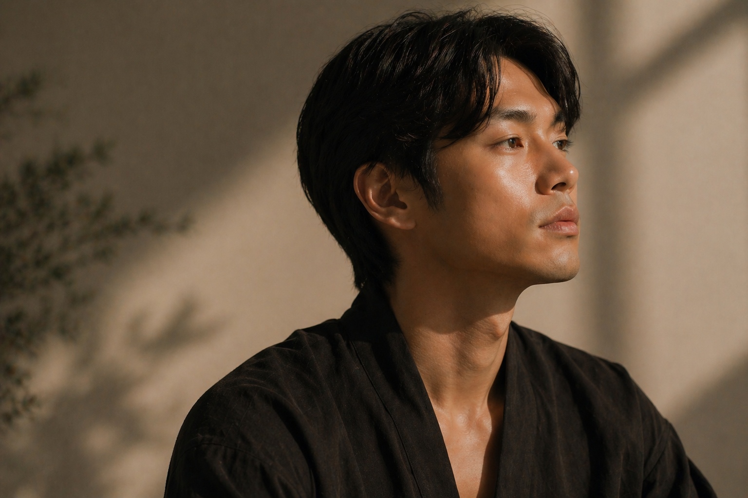 A young man with black hair and light brown skin looking to the side, wearing a dark shirt, in a neutral background.