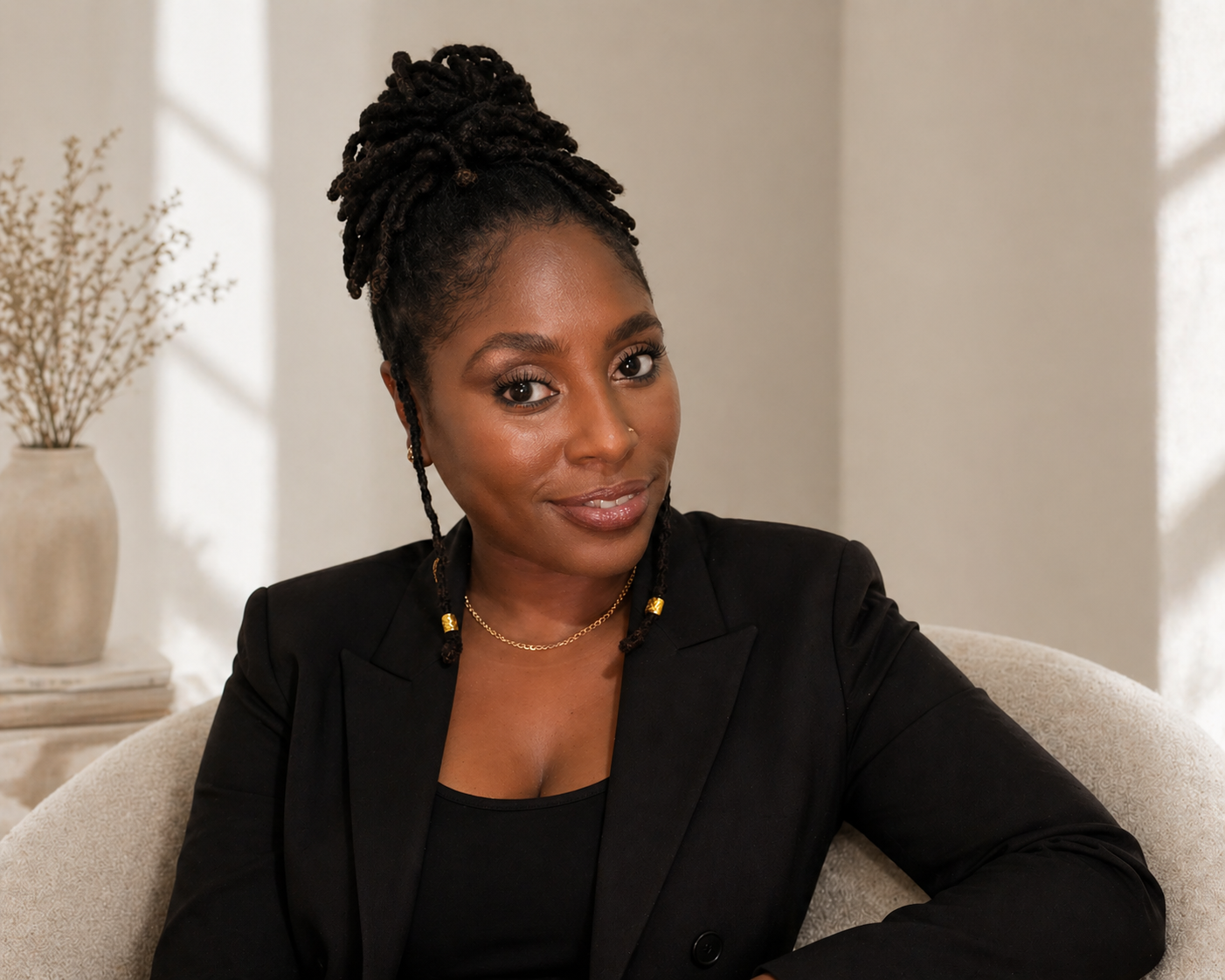 A woman with braided hair styled in an updo, wearing a black blazer and gold jewelry, sitting on a beige chair with a neutral expression in a light-colored room.