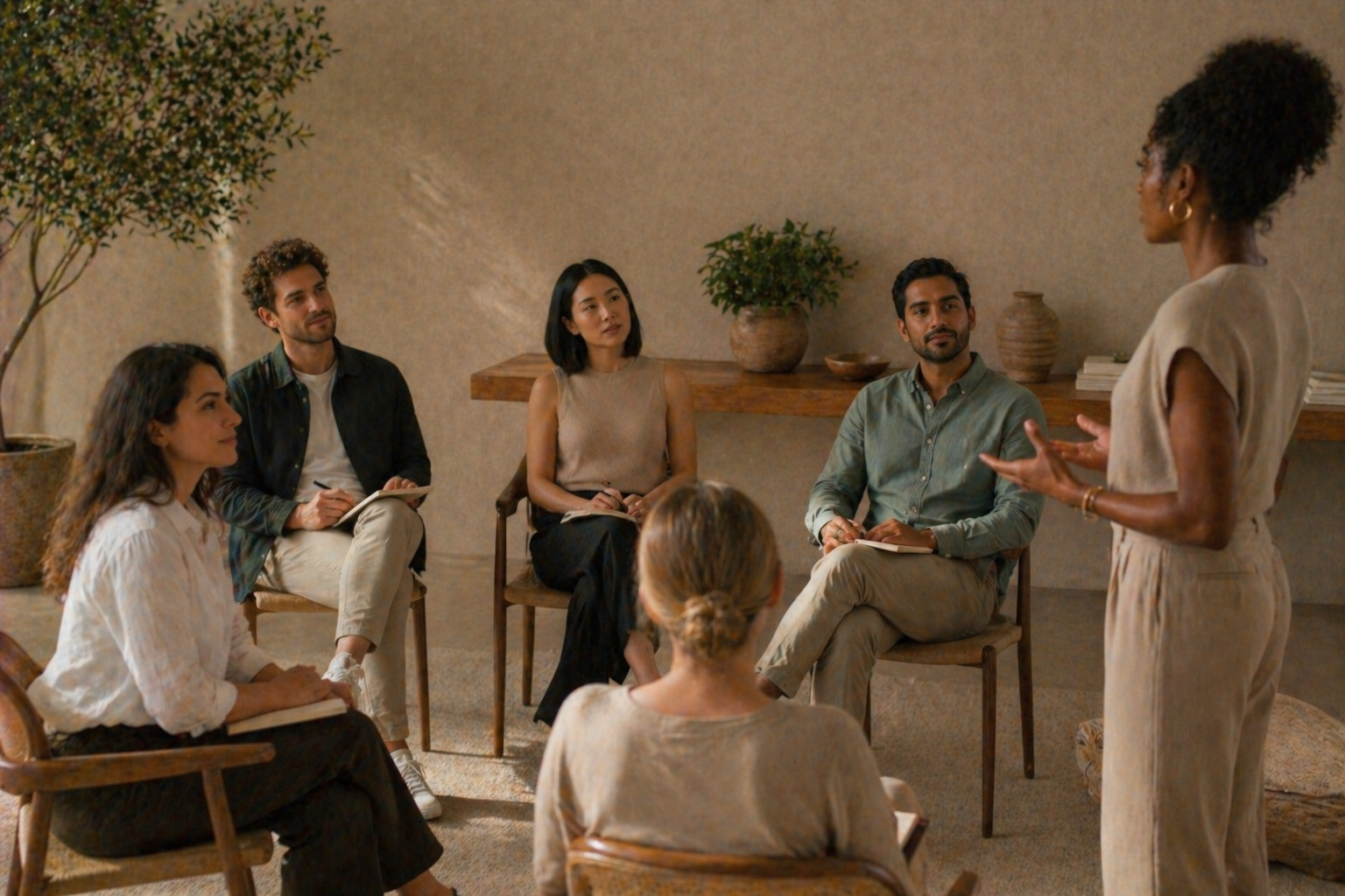 Group of five diverse adults sitting on chairs, attentively listening to a standing woman speaking in a cozy room with plants and decorative vases.