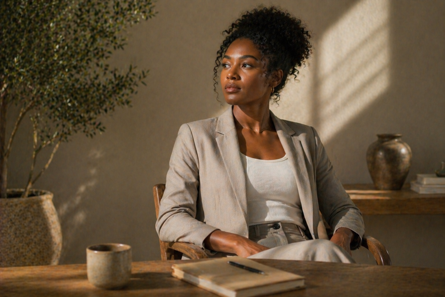 A woman with curly hair wearing a beige blazer and white top sitting at a wooden table in a well-lit room.