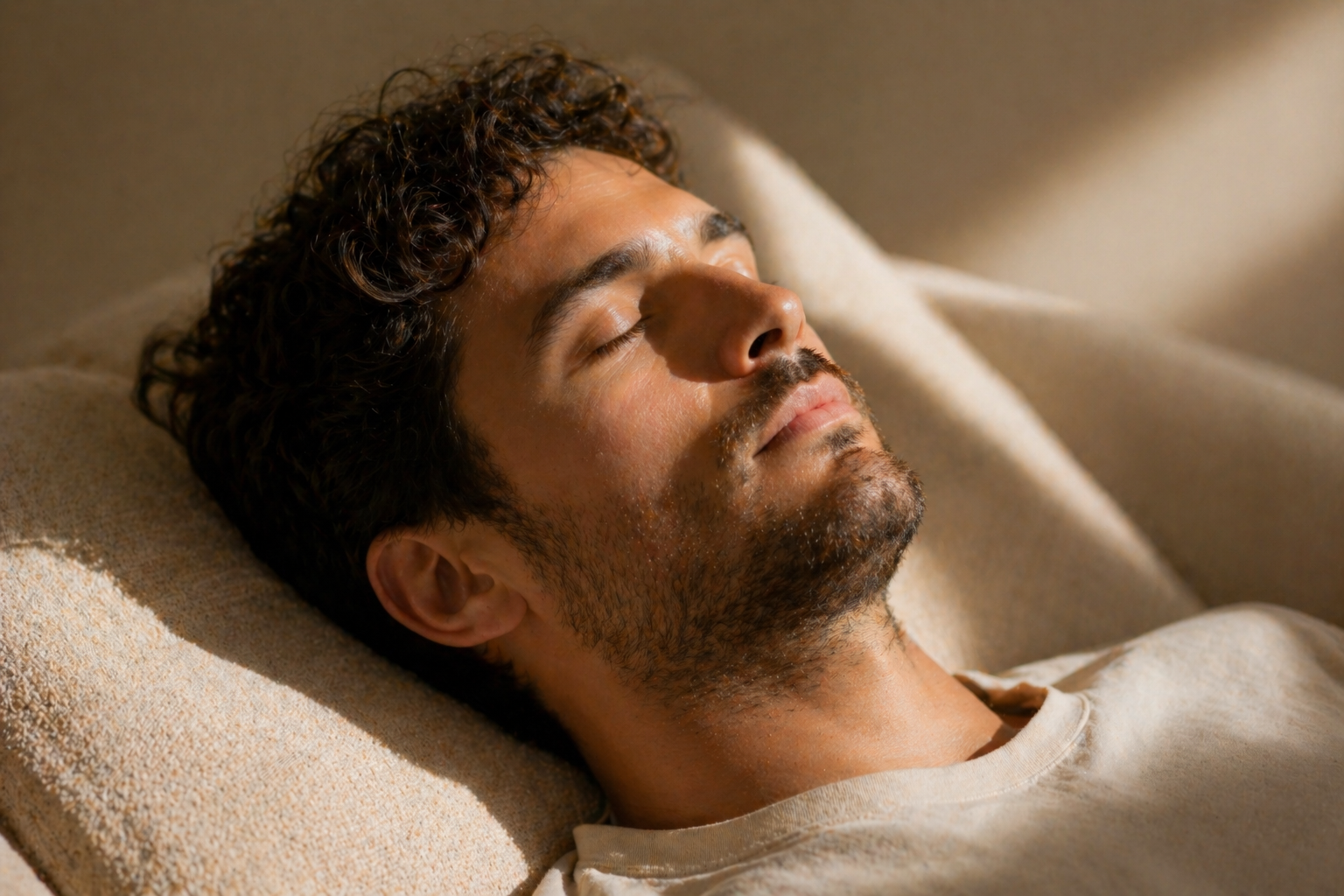 A man with dark, curly hair and a beard sleeps peacefully on a beige couch, with his eyes closed and a relaxed expression.