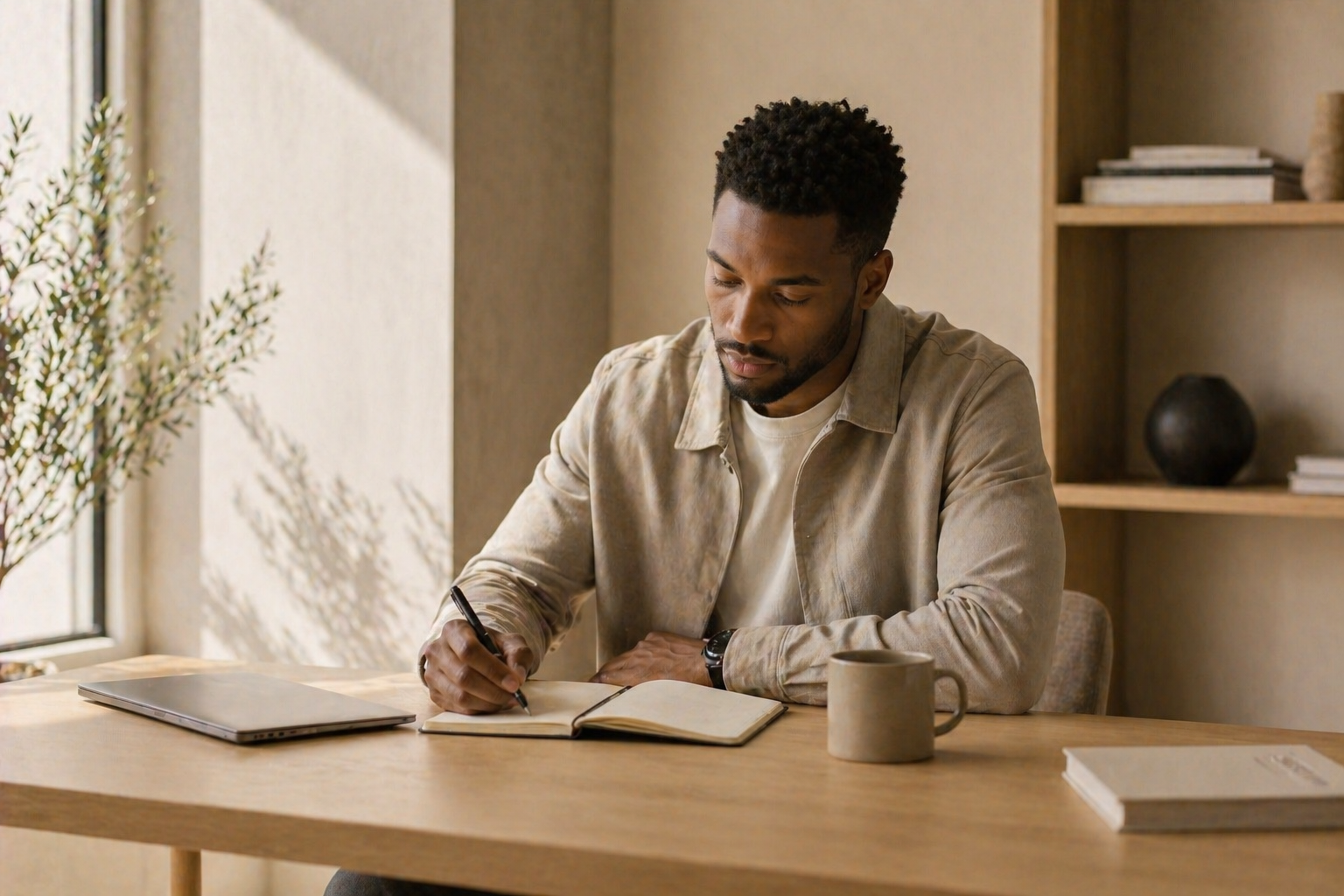 A man sitting at a wooden table, writing in a notebook with a pen. There is a laptop, a mug, and a book on the table. He is in a room with beige walls and a shelf with decorative items and books in the background.