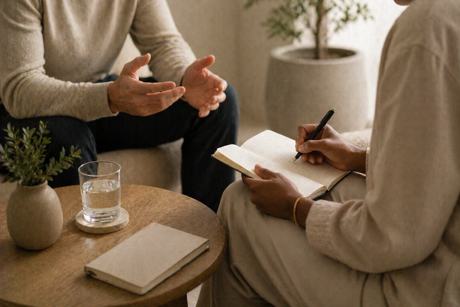 Two people having a conversation in a cozy room, one person taking notes in a notebook while the other gestures with their hands. There is a potted plant and a glass of water on the table.