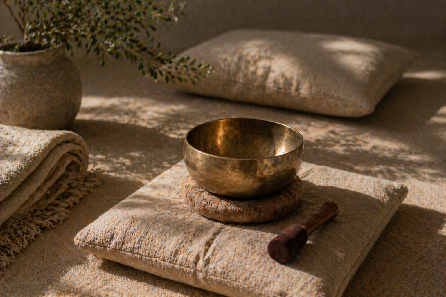 A metallic singing bowl on a patterned cushion, surrounded by soft textiles and a potted plant, with warm lighting and shadows.