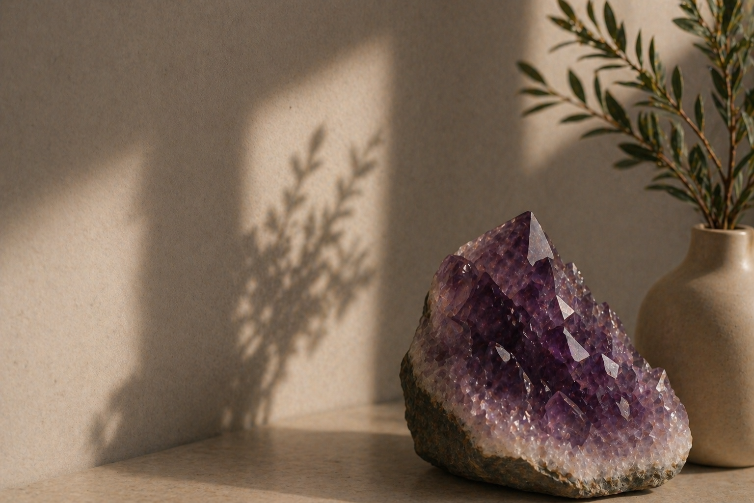 A large amethyst geode, partially cut to show purple crystals, along with a beige ceramic vase containing green leaves, on a beige surface with soft shadows and sunlight.