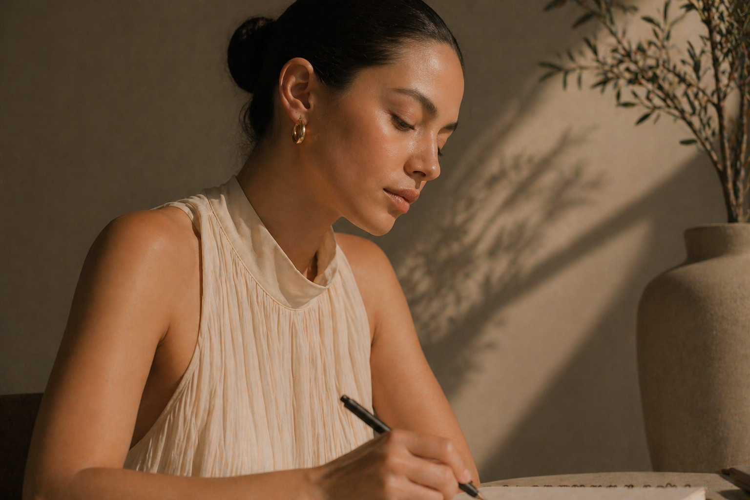 A woman with dark hair in a bun wearing a cream-colored sleeveless top and gold hoop earrings is writing with a pen in a notebook. A large beige vase with a plant is in the background, casting shadows on the wall.