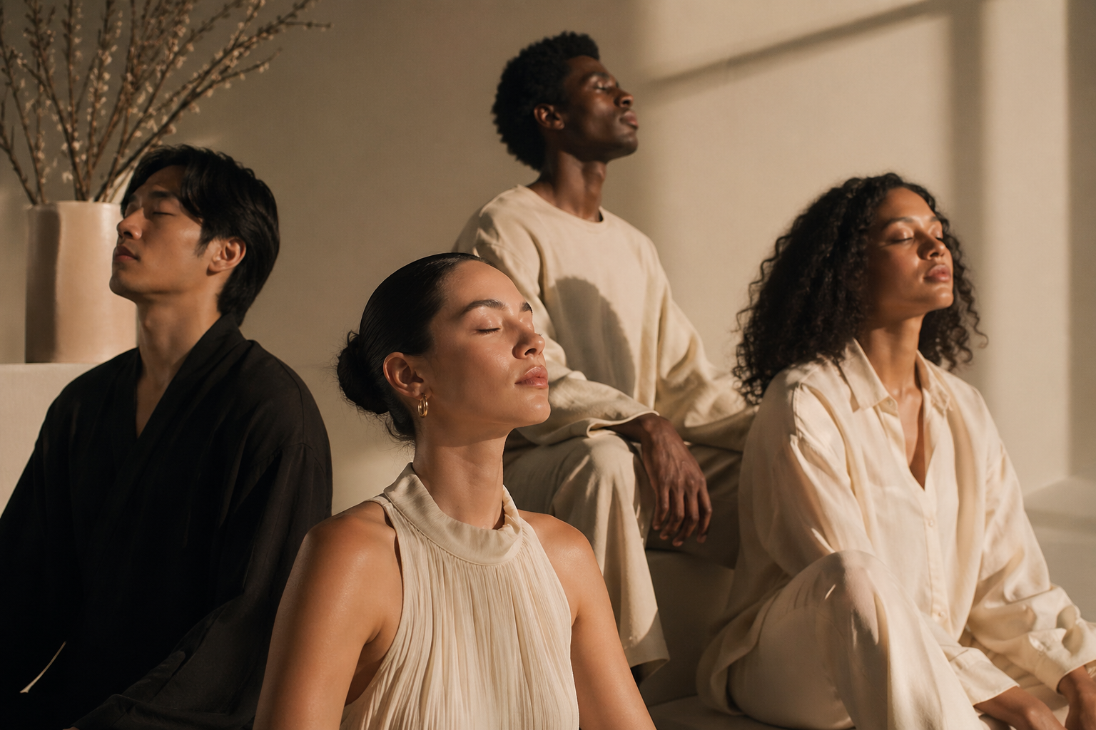 Five diverse people sitting calmly with eyes closed, meditating in a softly lit room.